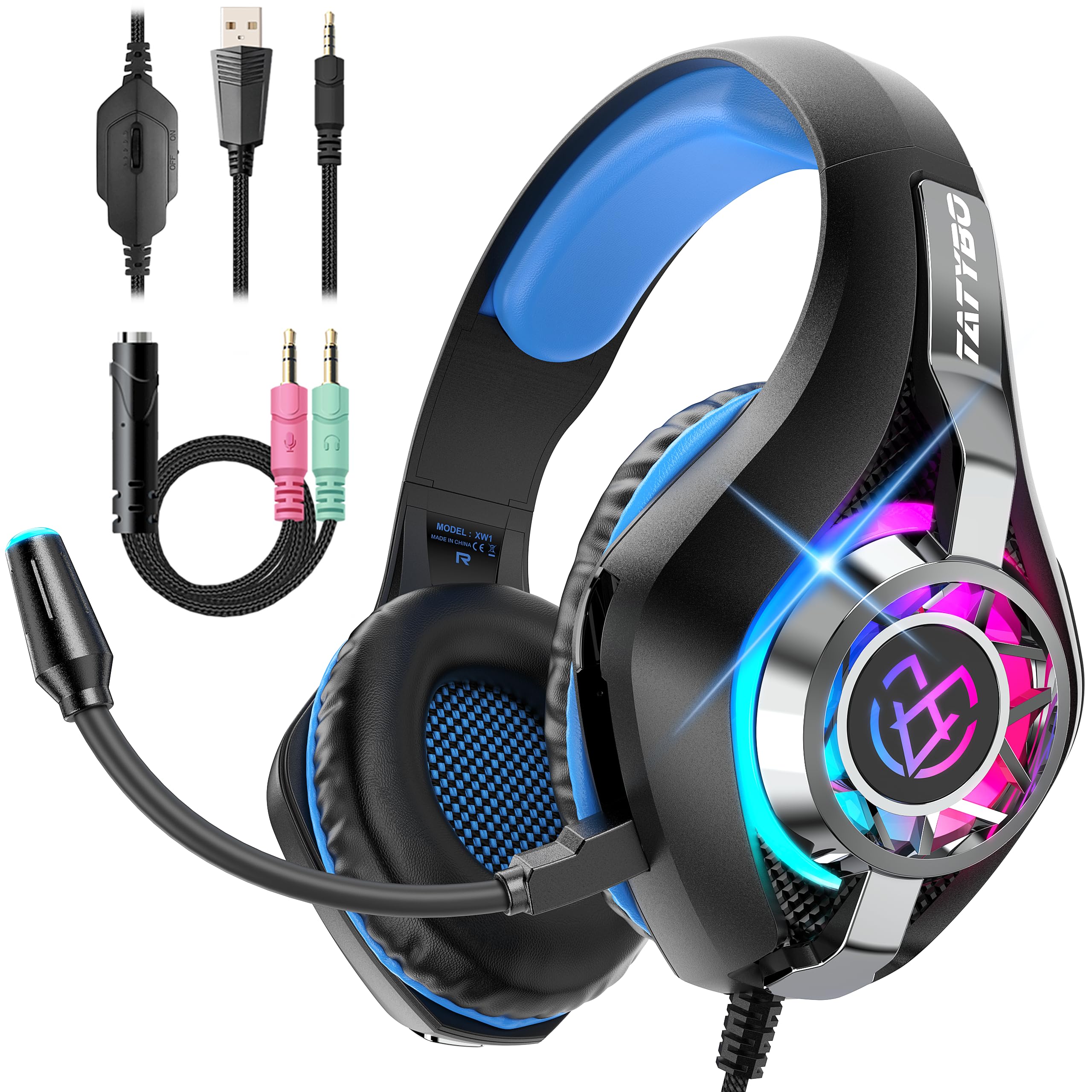 Tatybo Gaming Headset for Ps5 Ps4 PC Xbox S/X Series Switch PC, Gaming Headphone with Noise Cancelling Microphone RGB Lighting