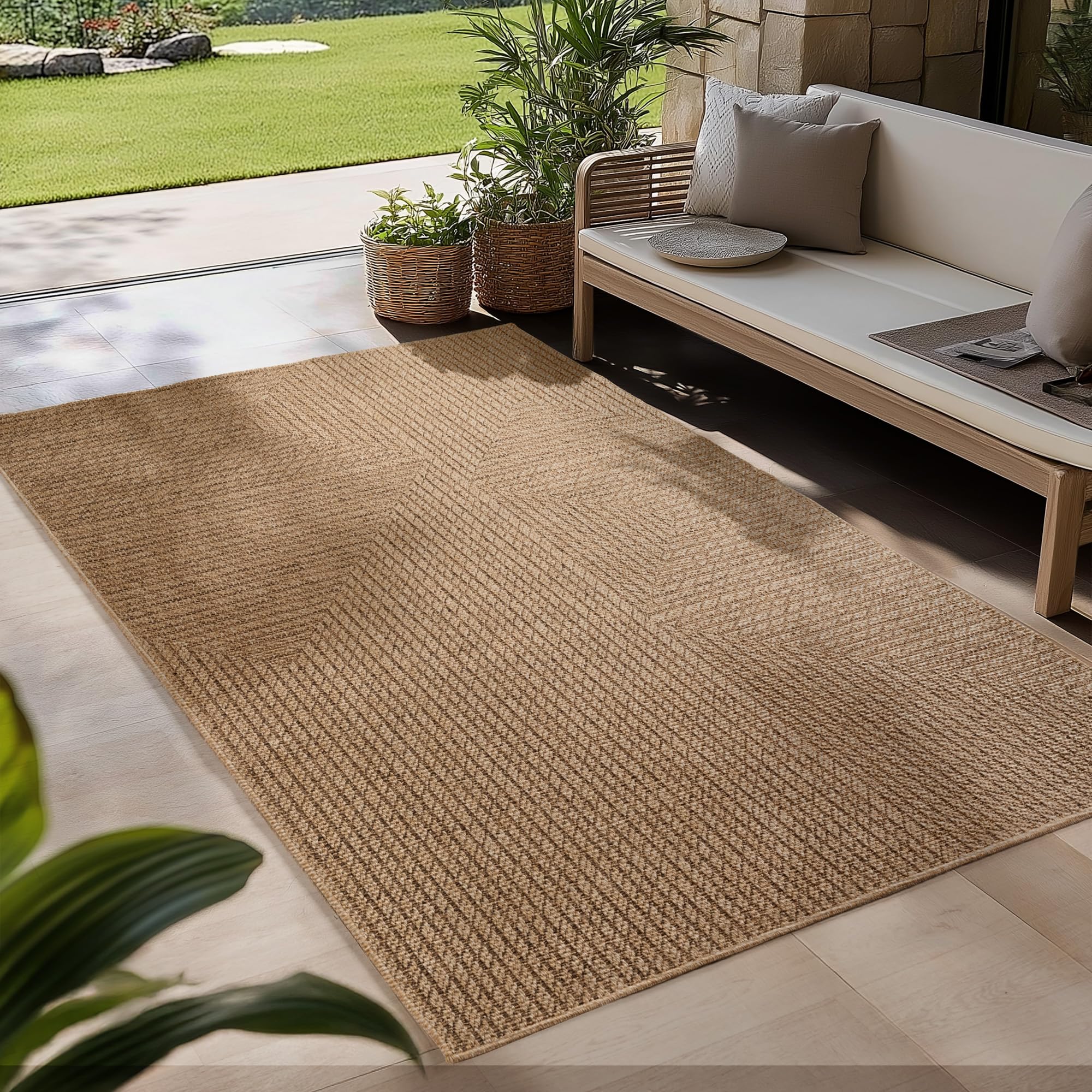 Carpetsale24 Outdoor Teppich Wetterfest im natürlichen Jute-Look Pflegeleicht Waschbar für Wohnzimmer Schlafzimmer Esszimmer Küche Terrasse Balkon Garten
