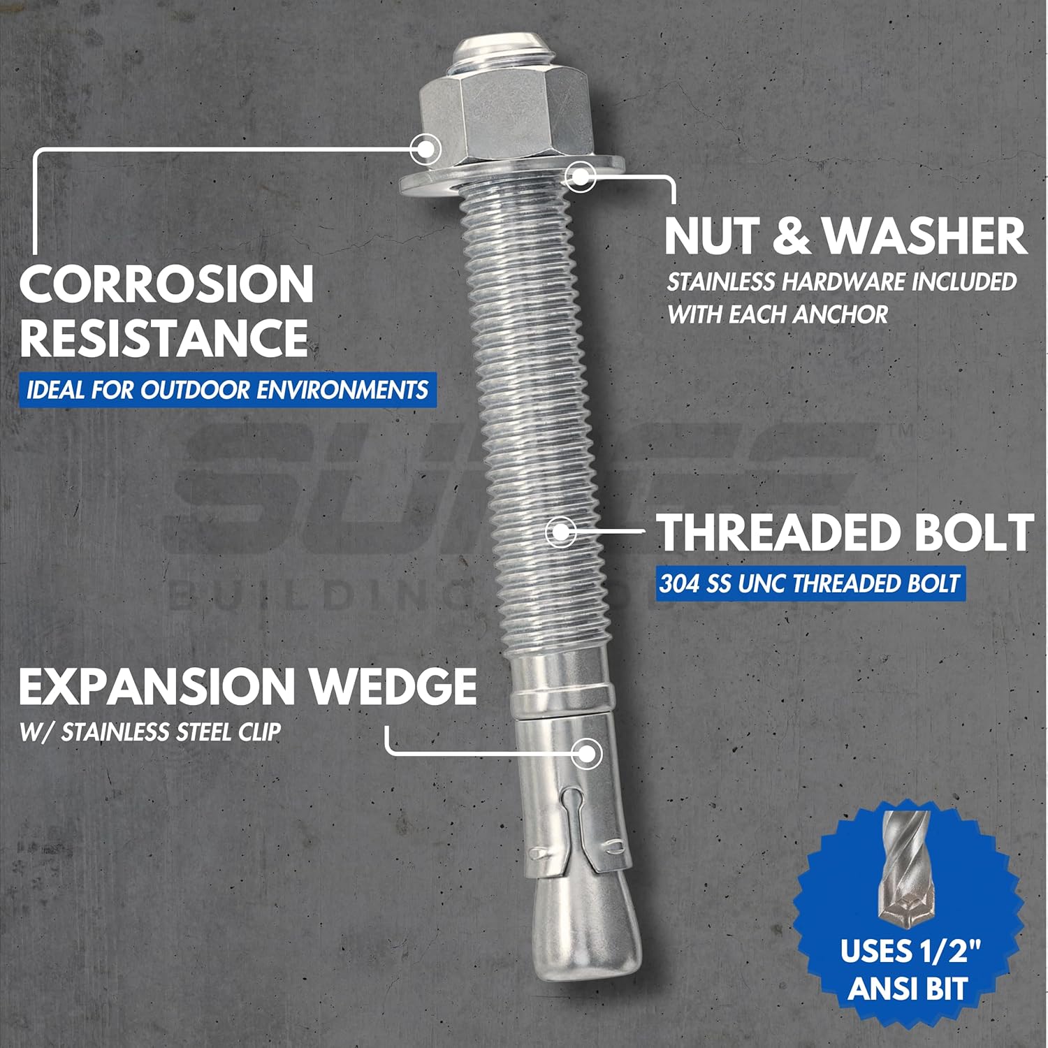 1/2" X 4-1/2" 304 Stainless Steel Wedge Anchors for Concrete and Cement | Heavy-Duty 1/2" Stainless Steel Bolts for Outdoor and Coastal Applications (Box of 25)