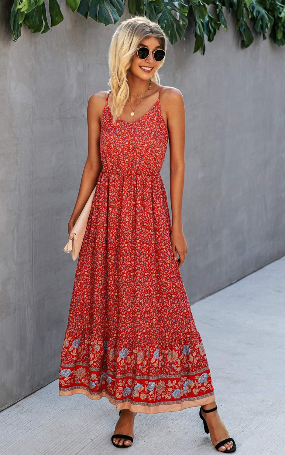 Angashion Women's Dresses Floral Adjustable Spaghetti Strap V Neck Boho Long Maxi Dress Summer Beach Flowy Ethnic Sundress - Image 3