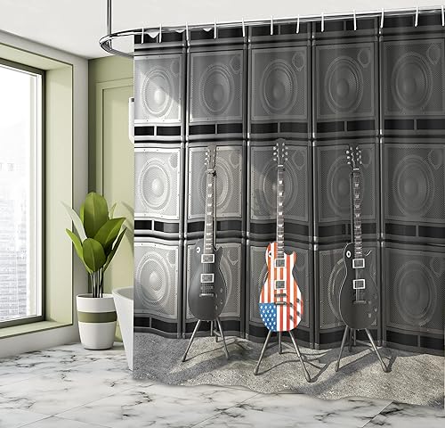 Miniatura 4 de Ambesonne Cortina de ducha con bandera estadounidense, negro y bajo estadounidense, tema de música rock electrónico, trabajo gráfico digital, juego