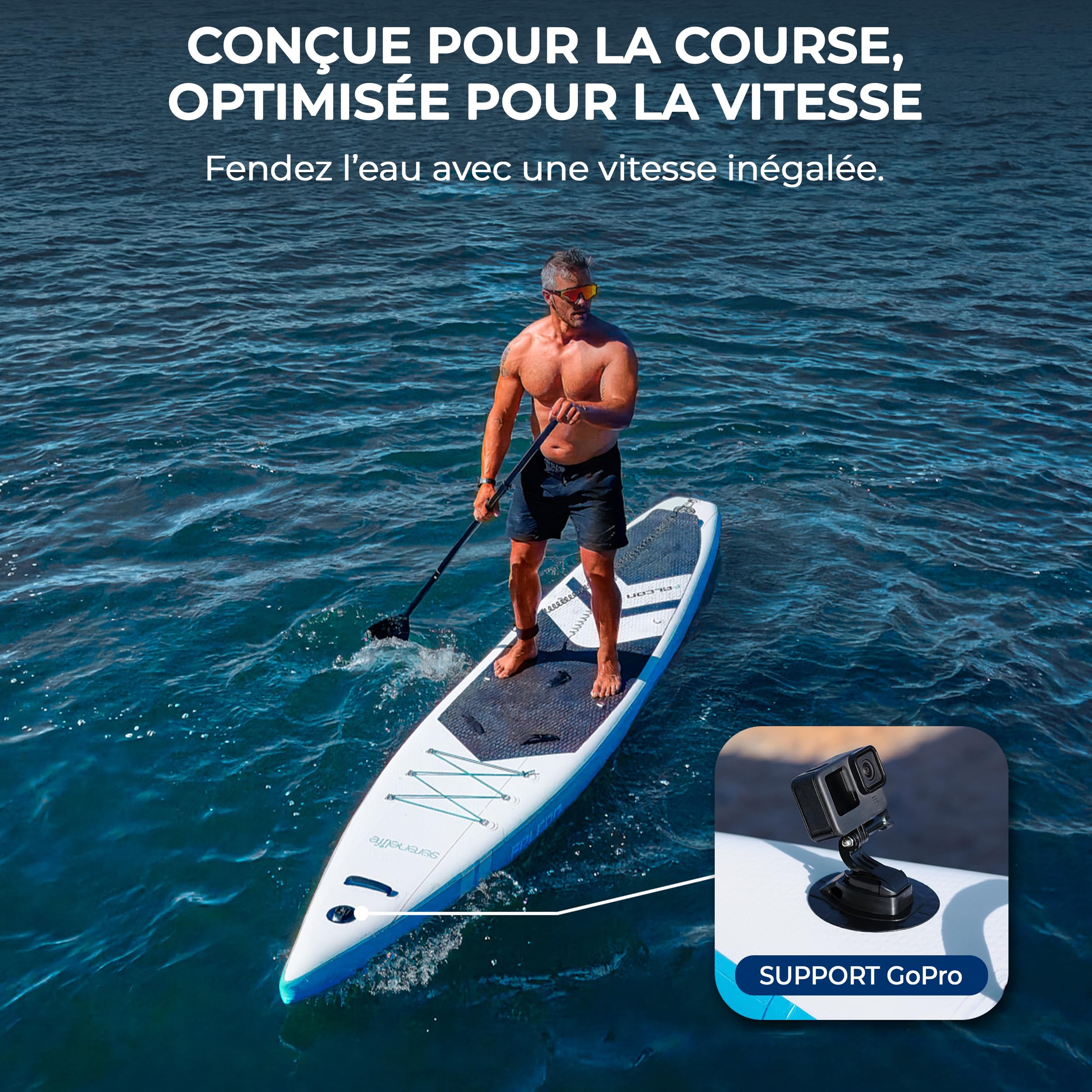 SereneLife Paddle Gonflable Racing 427 cm – Stand Up Paddle Haute Performance 71 cm Étroit pour Vitesse et Glisse, Tapis EVA Antidérapant, Support GoPro et Kit Complet