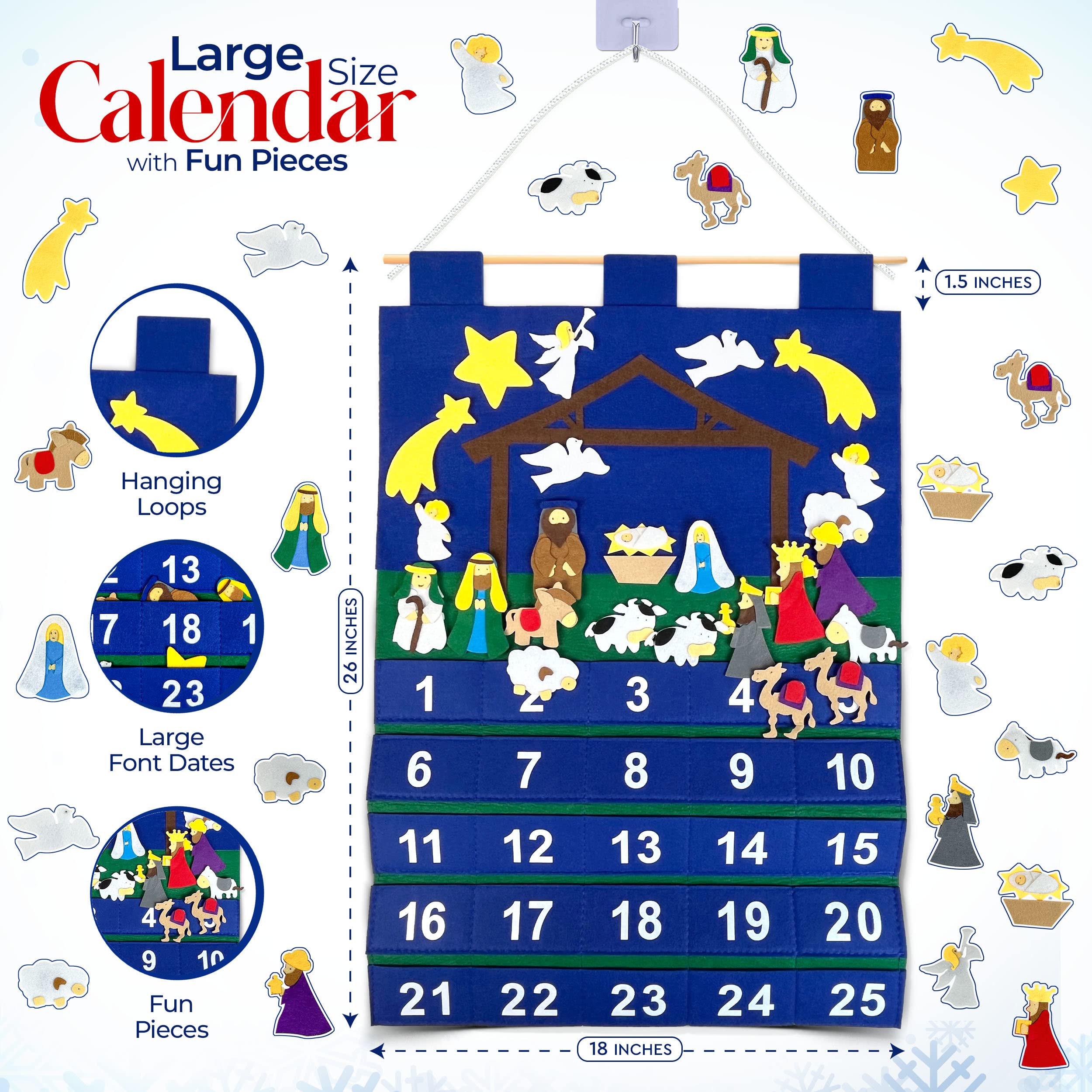Countdown bis Weihnachten Religiöse Krippe Adventskalender für den Einsatz zu Hause, in der Schule, im Klassenzimmer, Büro zur Verwendung an Tür oder Wand mit 25 abnehmbaren Teilen für viele