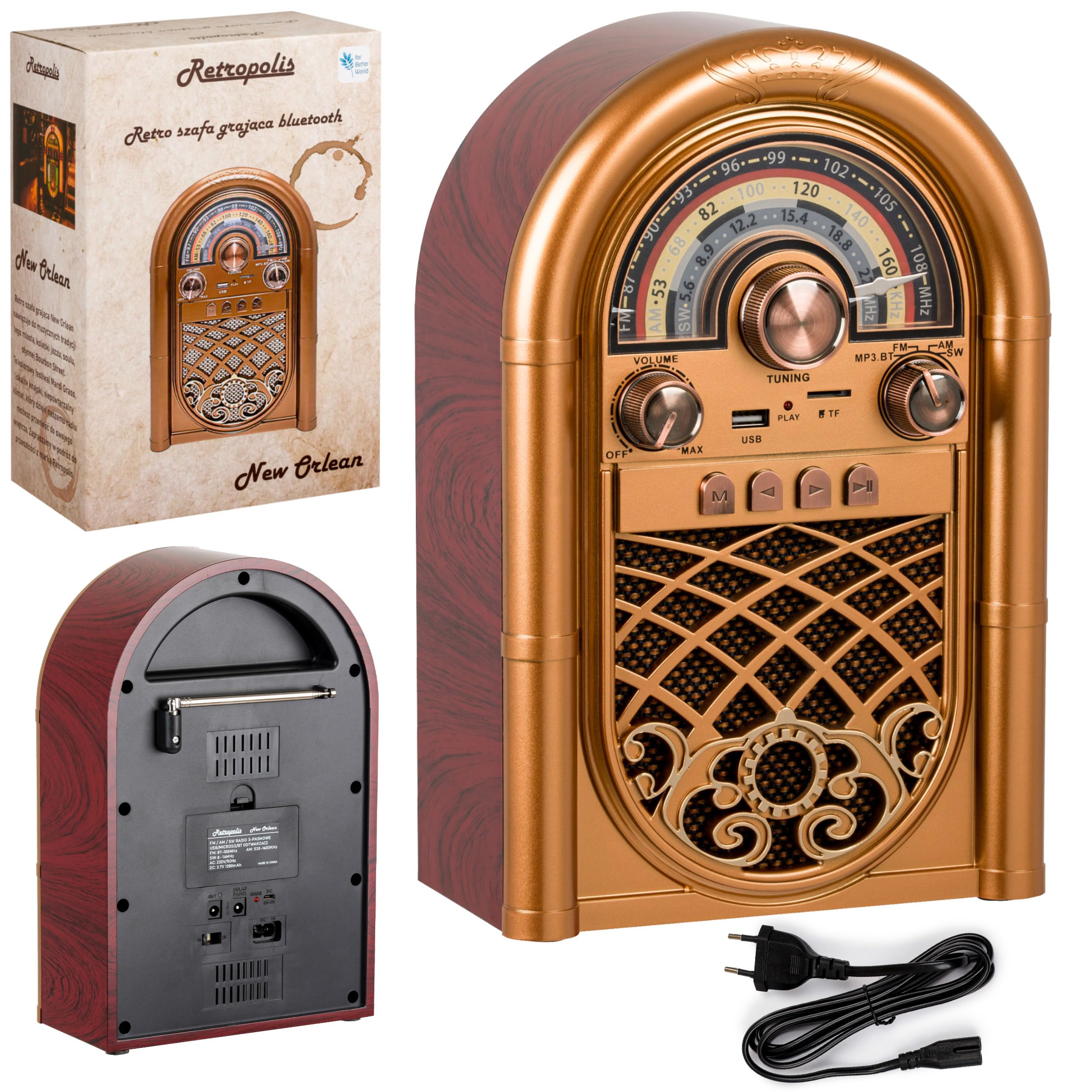 Retropolis New Orleans – Retro Radio mit Bluetooth 5.0, Tragbares Radio FM/AM/SW, 1200mAh Akku, USB/microSD MP3-Player, Powerbank-Funktion, Netz- und Batteriebetrieb
