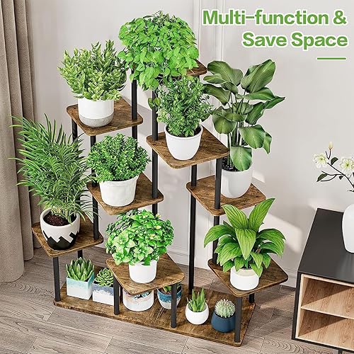 Miniatura 6 de Soporte alto de madera para plantas de 9 niveles, estante de metal para interiores, múltiples estantes para macetas, estante de esquina, estante de