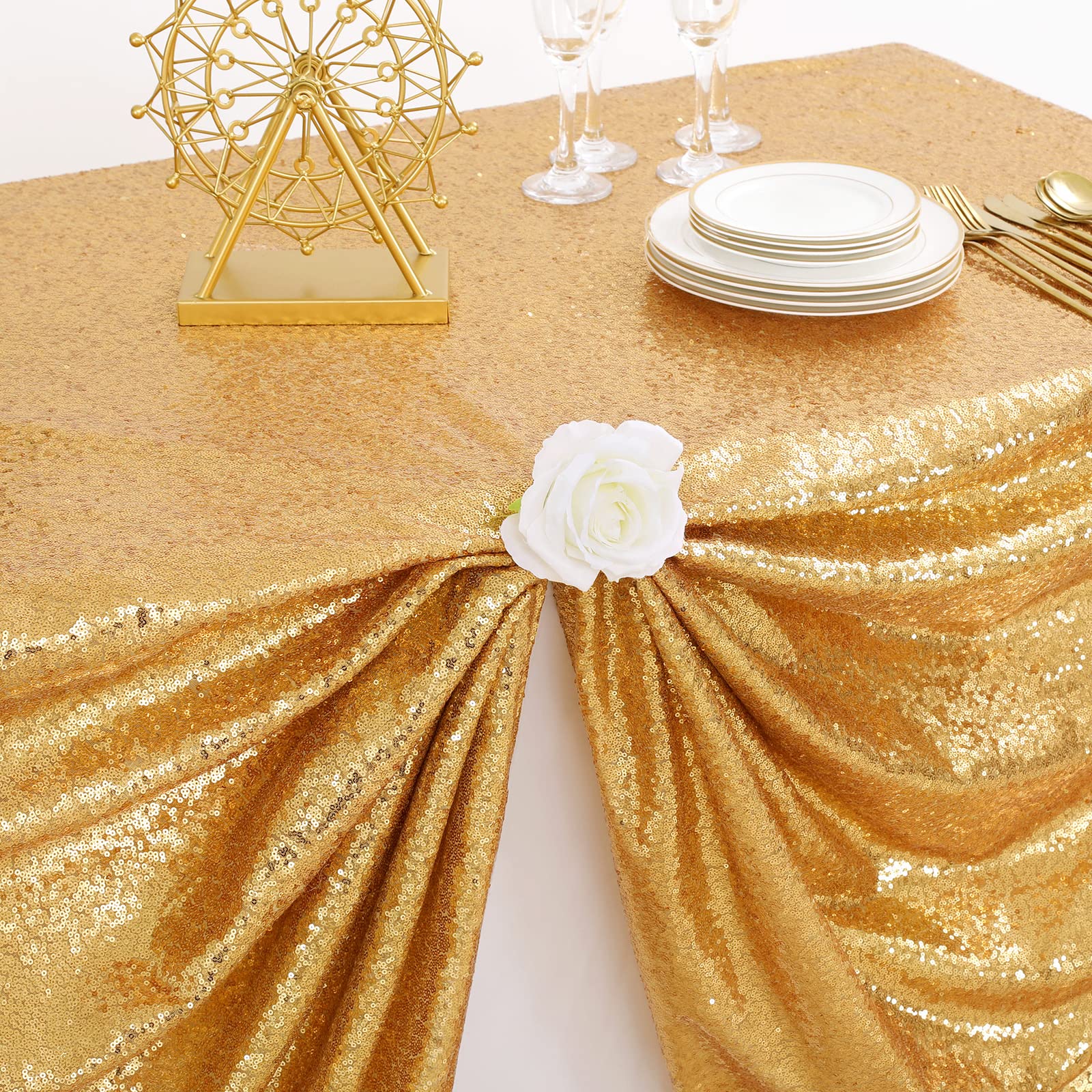 B-COOL Gold Rectangle Sequin Tablecloth 90x156-Inch Sparkly Wedding Tablecloth Long Glitter Table Overlays for Event Party Banquet - Image 4