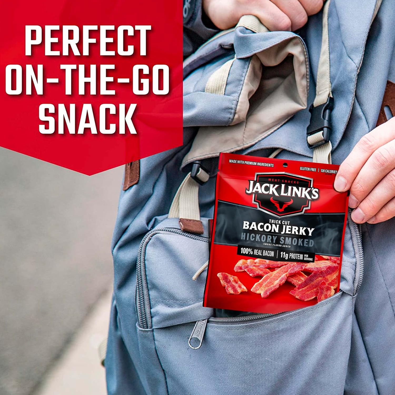 Jack Links Bacon Jerky, Hickory Smoked, 2.5 oz. Bag - Flavorful Ready to Eat Meat Snack with 11g of Protein, Made with 100% Thick Cut, Real Bacon - Trans Fat Free (Packaging May Vary)