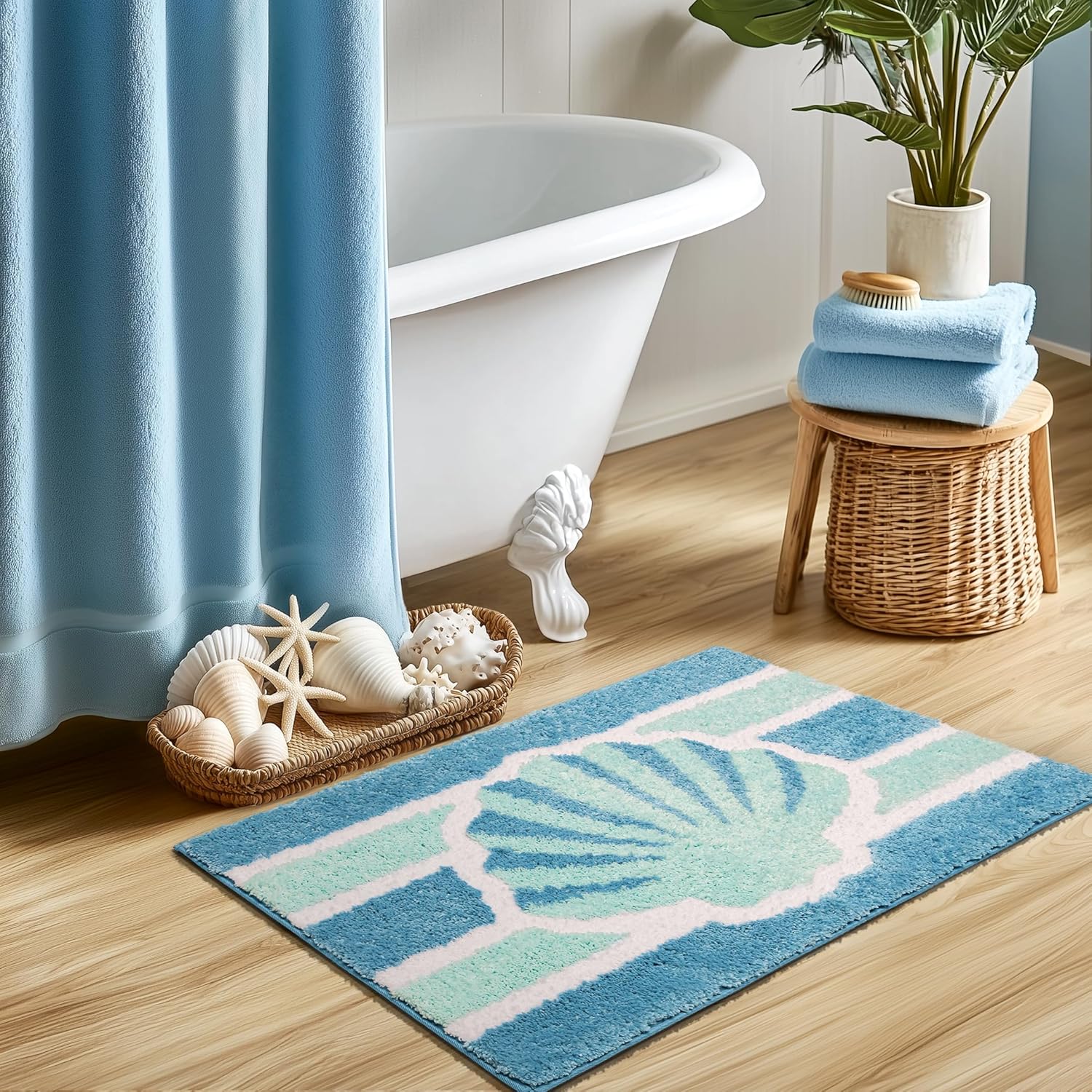 Light Blue Beach Bathroom Rugs Non Slip Washable Small Cute Coastal Bath Mats Rugs for Bathroom Floor Nautical Fluffy Plush Soft Absorbent Farmhouse Carpet for Shower, Tub, 18x24 inch - Image 8