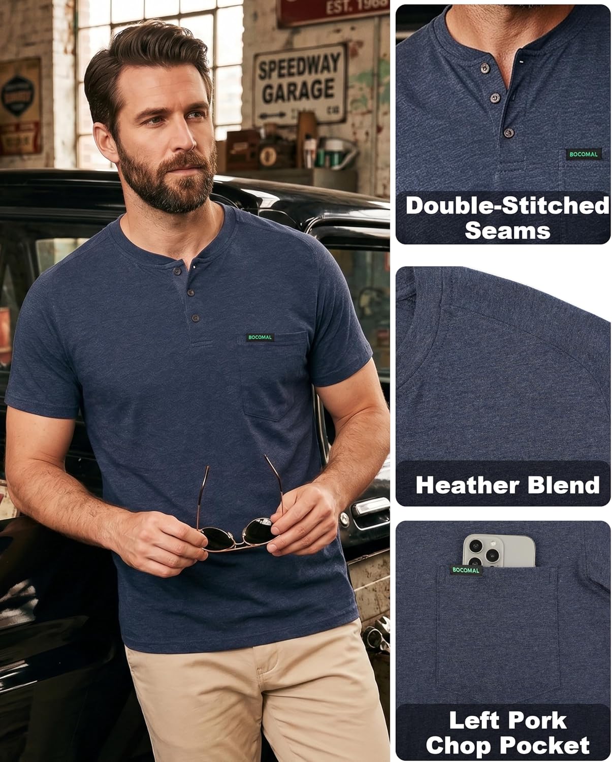 BOCOMAL Non FR - Men's Henley Work Shirts, Stretch-Cotton Relaxed Fit