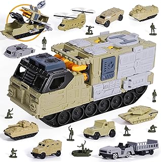 XDUOYJOY Military Tank Toy Sets with Launchable Missiles, Army Toys with 9 Vehicles, Helicopter Trucks Army Men Action Figures, Birthday Gift for Boys Age 4-7