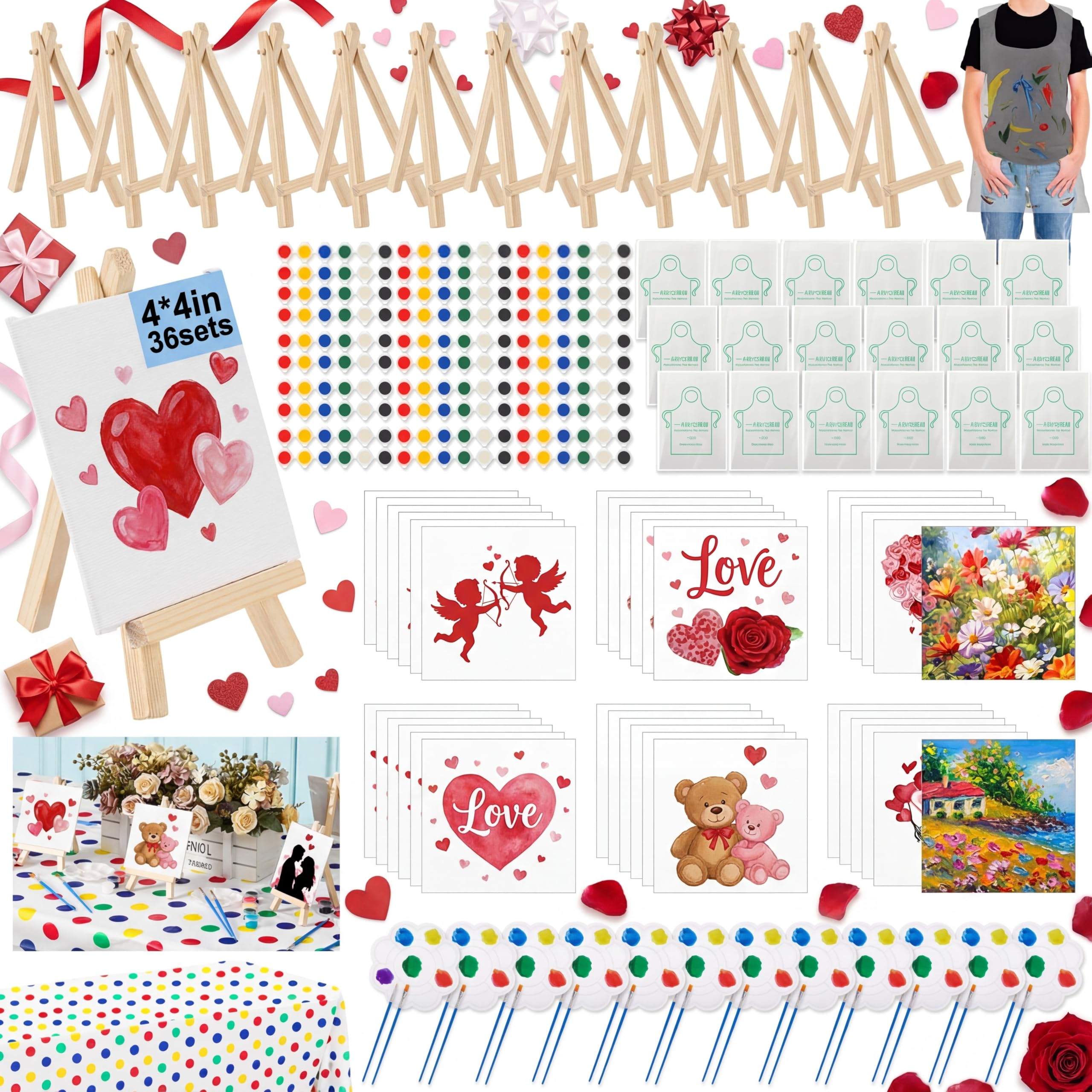 Tenceur 256 Pieces 4 x 4 Inch Mini Canvas with Easel Set, Valentine Small Canvas Painting Kit for Party, DIY Painting Boards with Large Tablecloth,