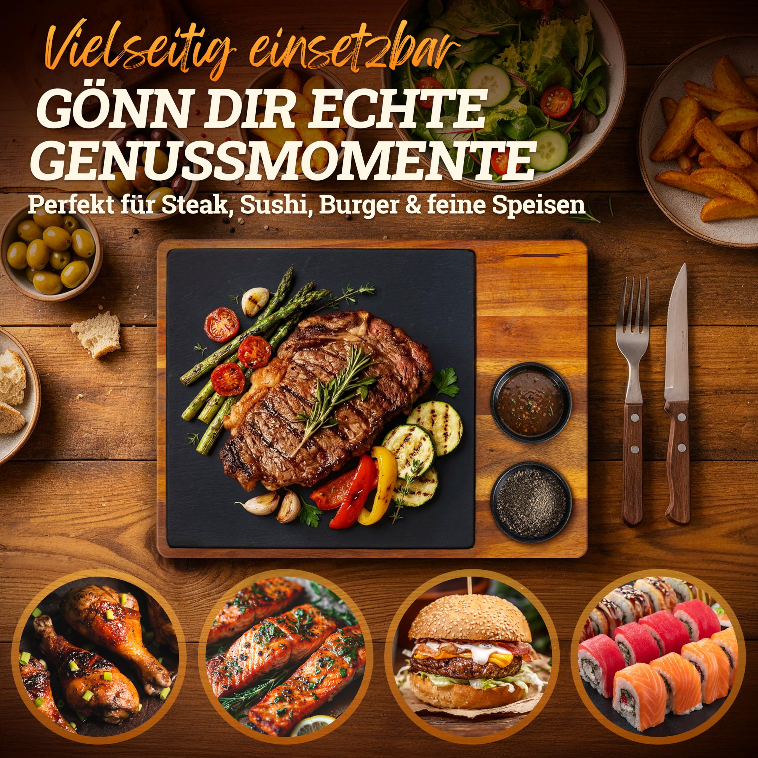 LIKAYA® Deska do serwowania XXL 'Domingo' zestaw 2 szt. z drewna akacjowego FSC z płytą łupkową i miskami na sosy | deska do grillowania, akcesoria do grillowania i prezent do steków, burgerów i