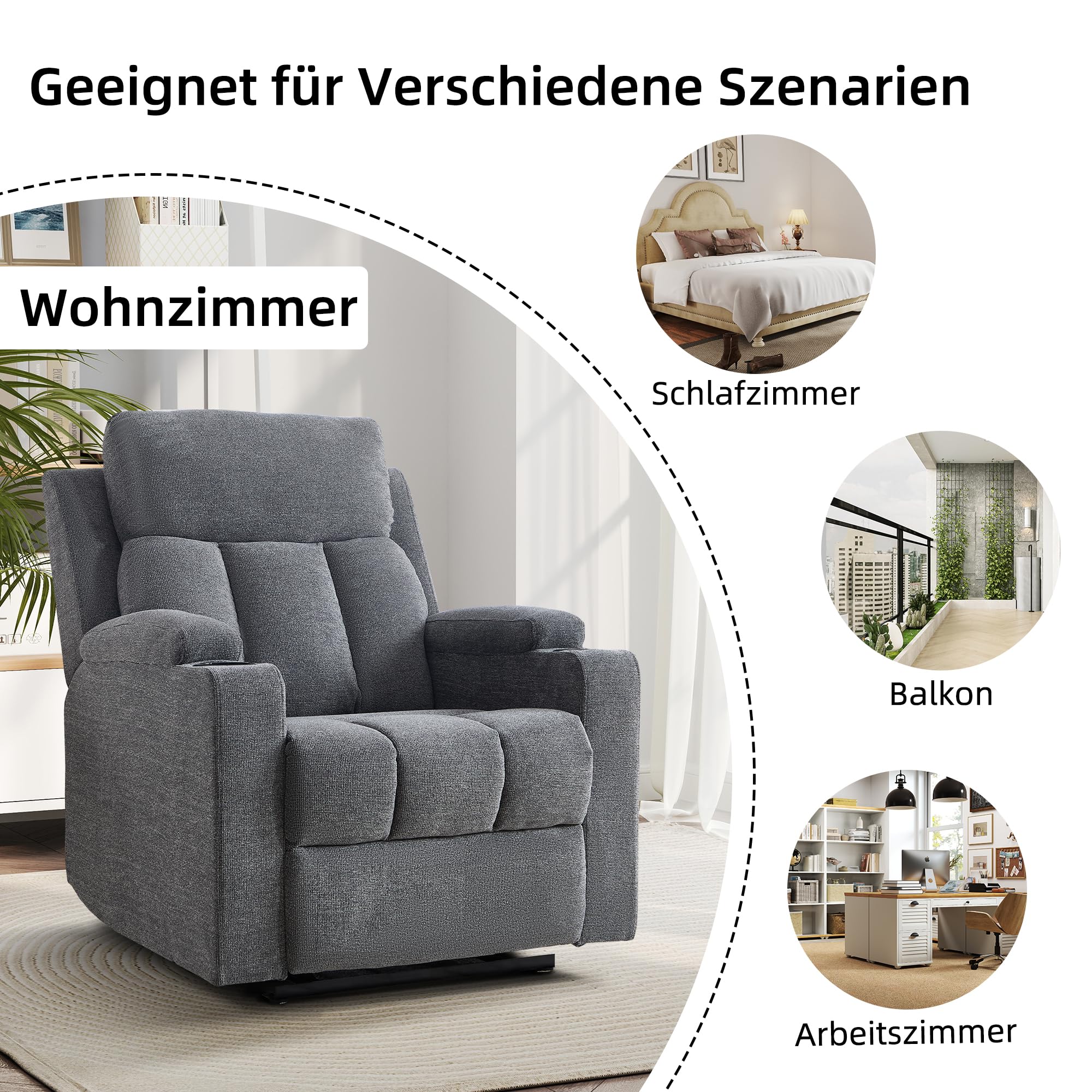 EBELLO Fernsehsessel mit Liegefunktion, Relaxsessel Manuell Verstellbar,TV-Sessel mit Getränkehalter und Weiche Kopfstütze, Schlafsessel mit Armlehnen und Fußstütze für Wohnzimmer, Dunkelgrau