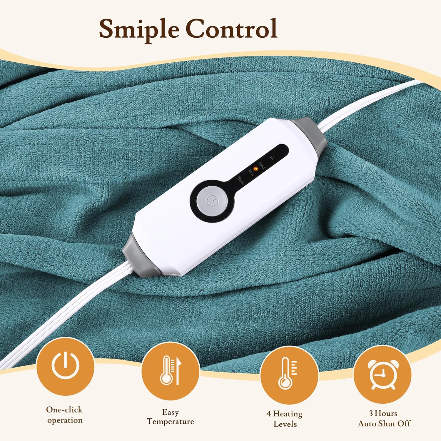 Electric Heated Blanket 50"x60" Throw Size Coral Fleece - 4 Heat Settings & 3H Auto Shut Off, Fast Heating, Machine Washable for Bed, Couch, Office - Teal - Image 2