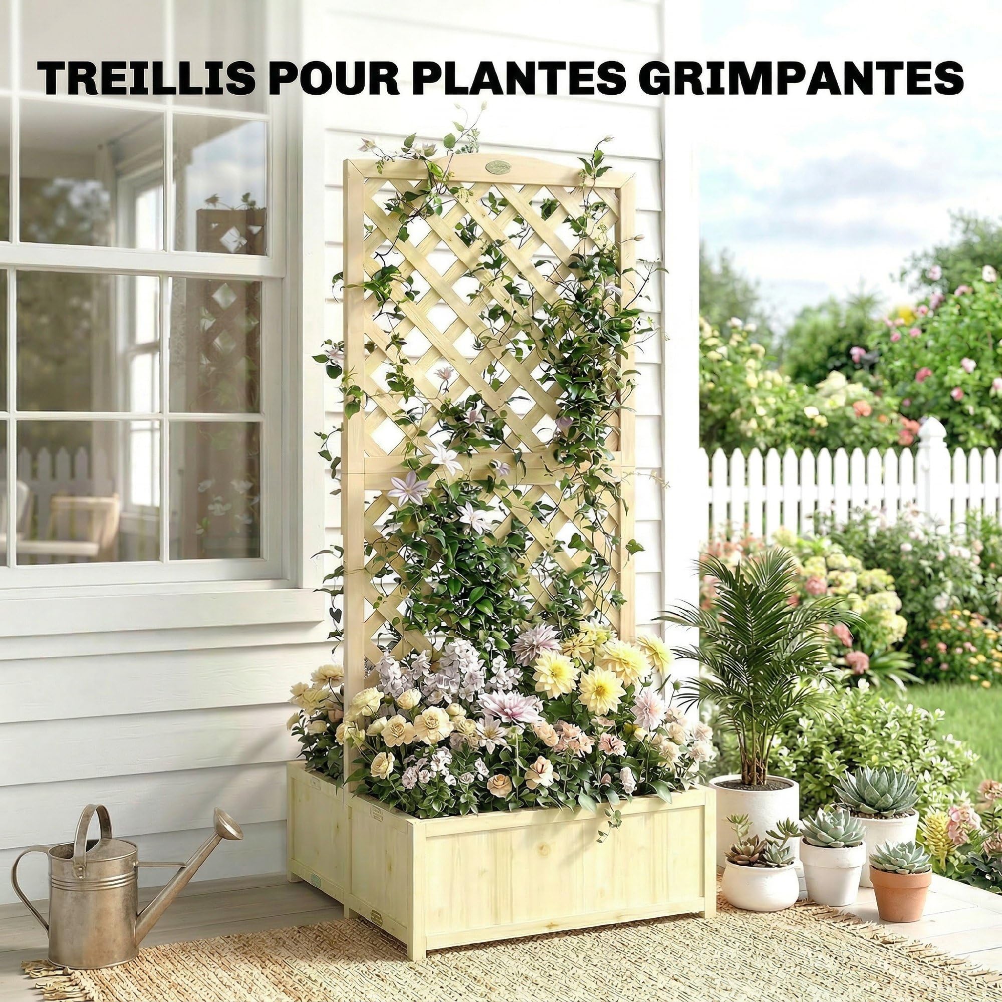 Outsunny Jardinière avec Treillis en Bois Massif - Carré Potager Pliable avec Double Bac à Fleurs - Lit de Jardin 170cm de Haut pour Plantes Grimpantes sur Balcon, Terrasse Brise-Vue, Naturel