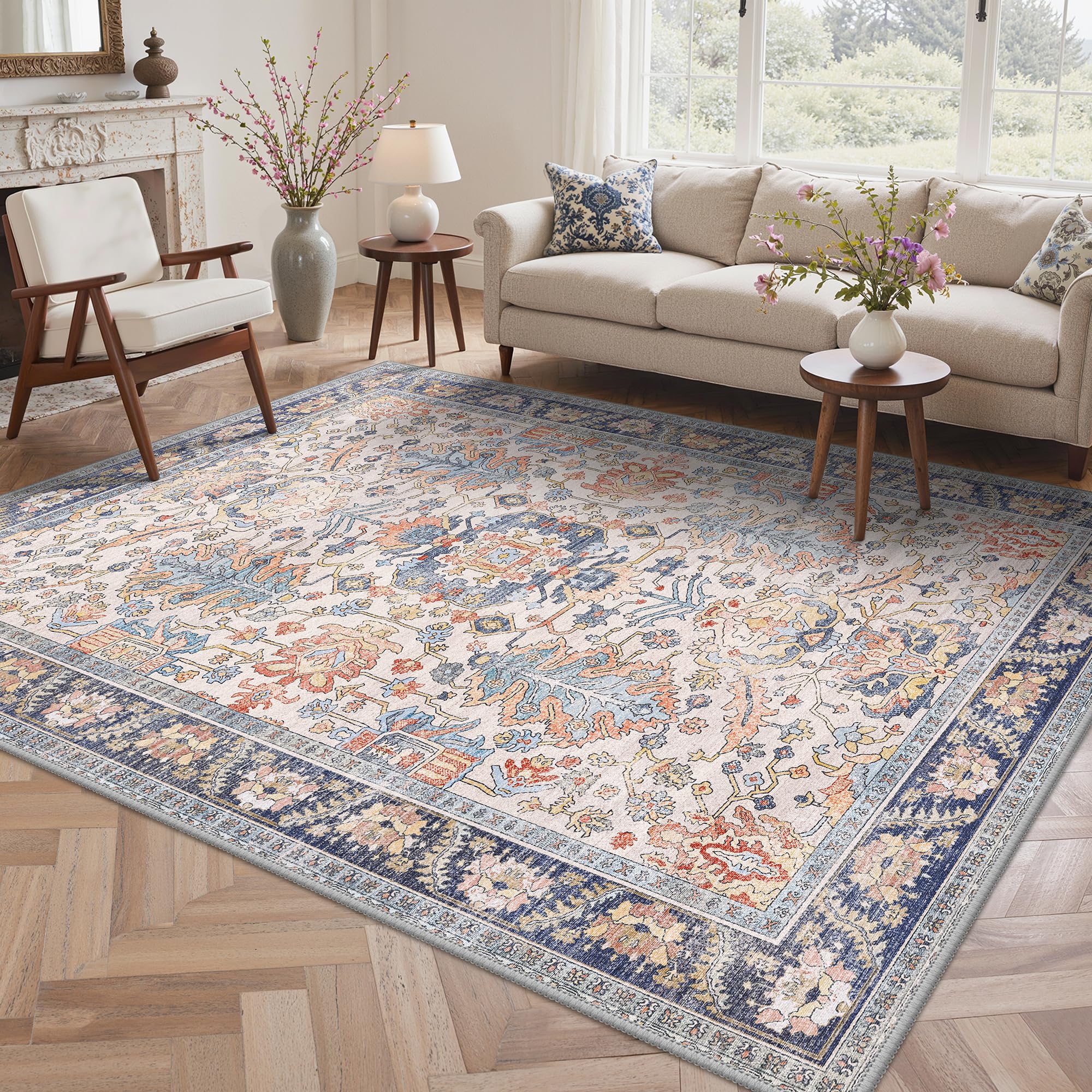 BEIMO Washable Rugs 160x230cm, Nursery Living Room Rug Boho Design Area Rug for Bedroom Soft Low Pile, Non-Slip Rugs for Living Room, Dining Room, Retro Floral Motifs Geometric, Terracotta โ image 1