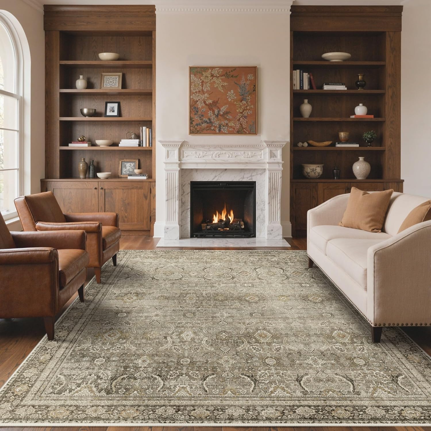 8X10 Area Rugs Machine Washable Rugs for Living Room, Vintage Boho Large Rugs for Bedroom Dining Room, Non Slip Indoor Soft Distressed Lightweight Thin Low Pile Carpet, Dark Brown - Image 2