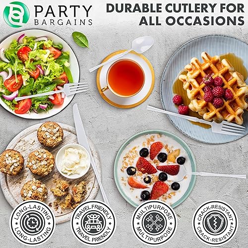 Miniatura 6 de Party Bargains Juego de cubiertos blancos de plástico desechable, utensilios de diseño moderno infinito, paquete de 40 16 tenedores, 8 cuchillos, 16