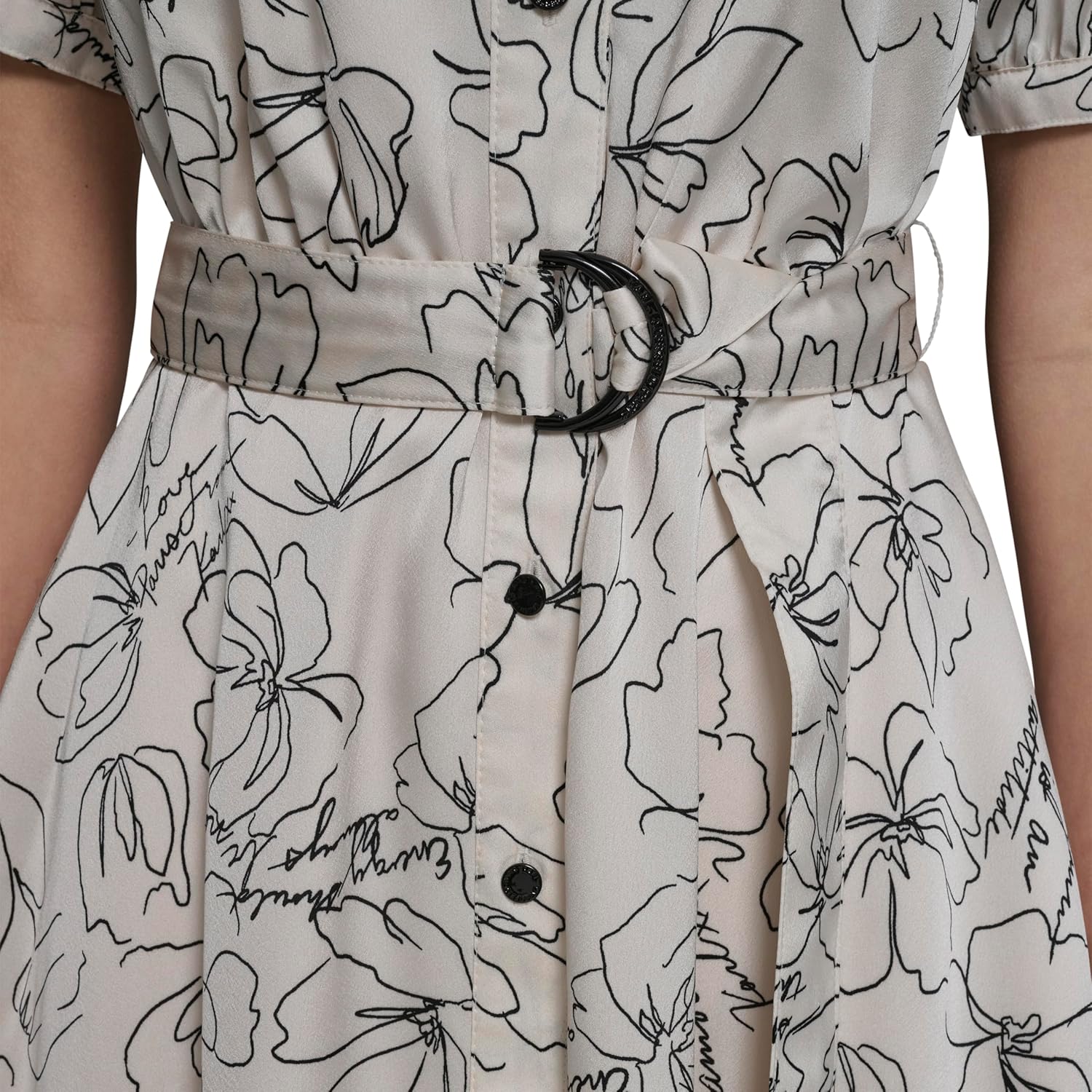 Karl Lagerfeld Women's Short Puffed Sleeve V-Neck Hanky Hem Belted Midi Dress