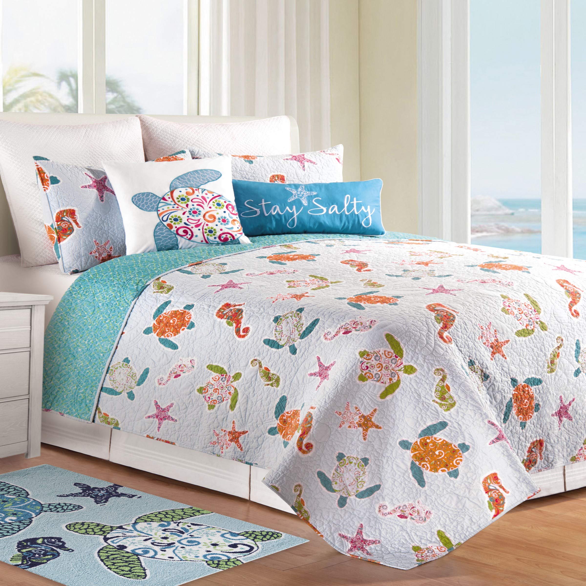 C&F Home St. Kitts King 3 Piece Cotton Bed Quilt Set Coastal Beach Theme Sea Life Turtle Seahorse Starfish Nautical Machine Washable Reversible Bedding King Aqua