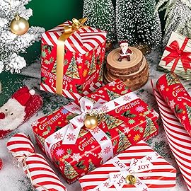 WRAPAHOLIC Reversible Christmas Wrapping Paper - Mini Roll - 17 Inch x 33 Feet - Red Christmas Tree Wrapping Paper and Stripe Design for Holiday, Party Celebration