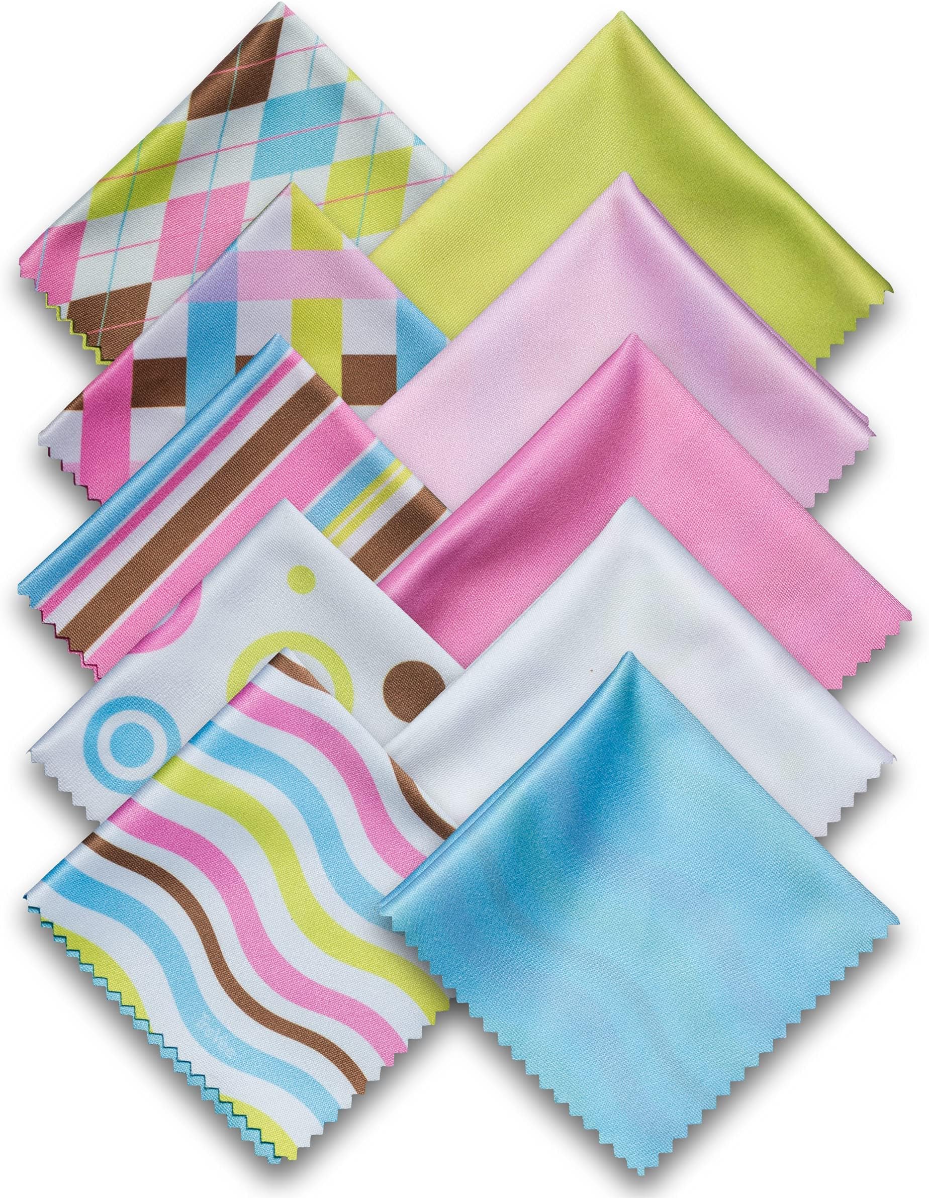 10 Pack Cute Geo-Design Multicolor Microfiber Cleaning Cloths for Cleaning Lenses, Eyeglasses, Sunglasses and Cell Phone, Beautifully Designed in Pastel Colors Blue, Pink, Green and White Cloth Wipes.