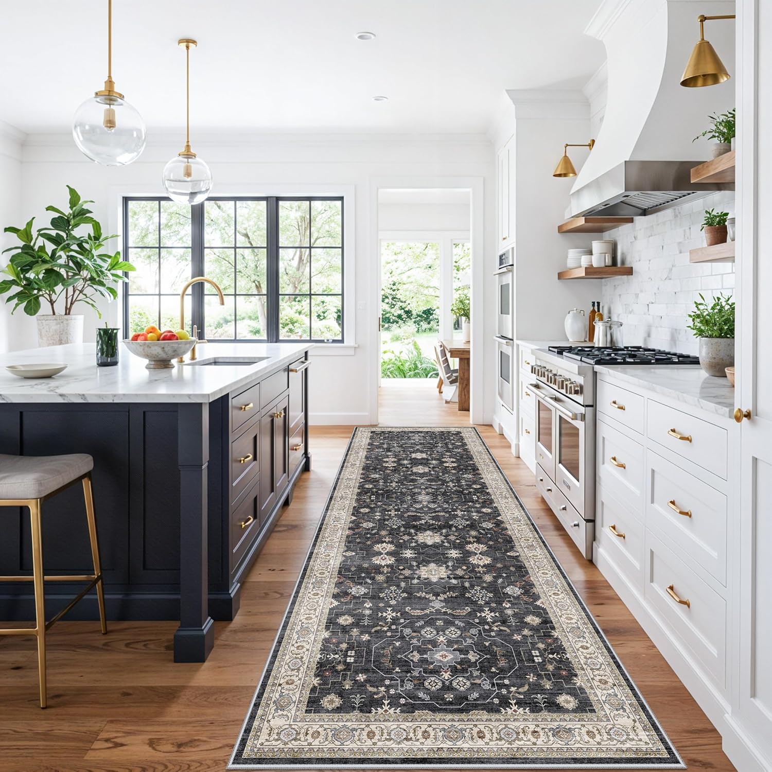 Washable 4x12ft Wide Hallway Runners - Non-Slip Vintage Kitchen Rugs with Rubber Backing Farmhouse Distressed Carpet for Dining Room Soft Thin Floor Mat for Living Room Bedroom (Black/Multi,4x12)