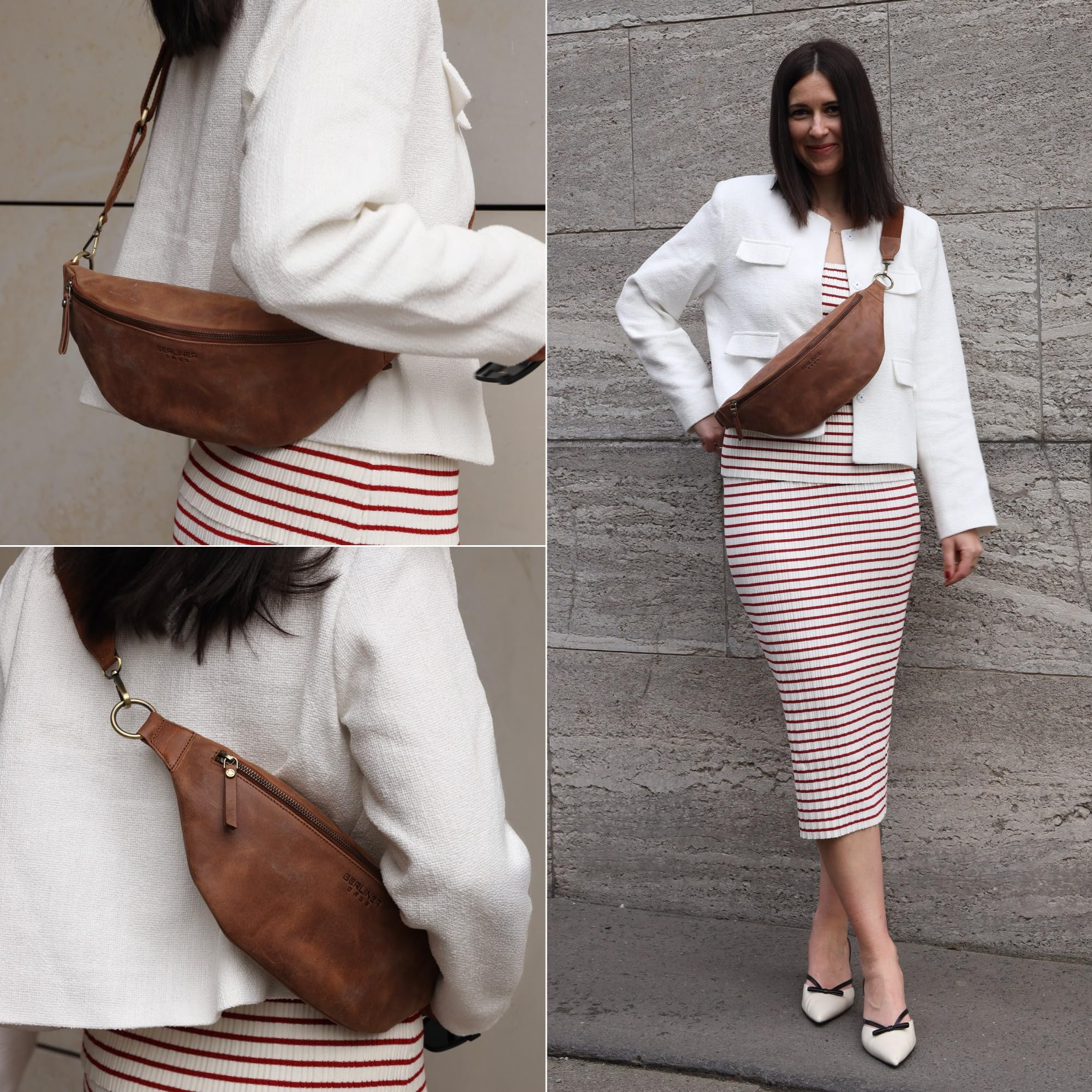 Berliner Bags Vintage Bauchtasche Mona XL, Umhängetasche aus Leder, Crossbody Tasche, Gürteltasche für Damen und Herren - Braun