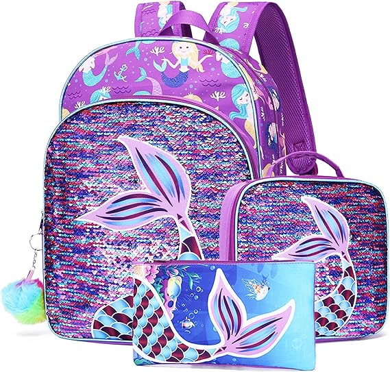 Amazon Co Jp Geuosy リュックサック キッズ 女の子 人魚姫 馬 3点セット リュック かばん 幼稚園 かわいい アウトドア ショルダーバッグ プレゼント クリスマス ハロウィン パープル シューズ バッグ