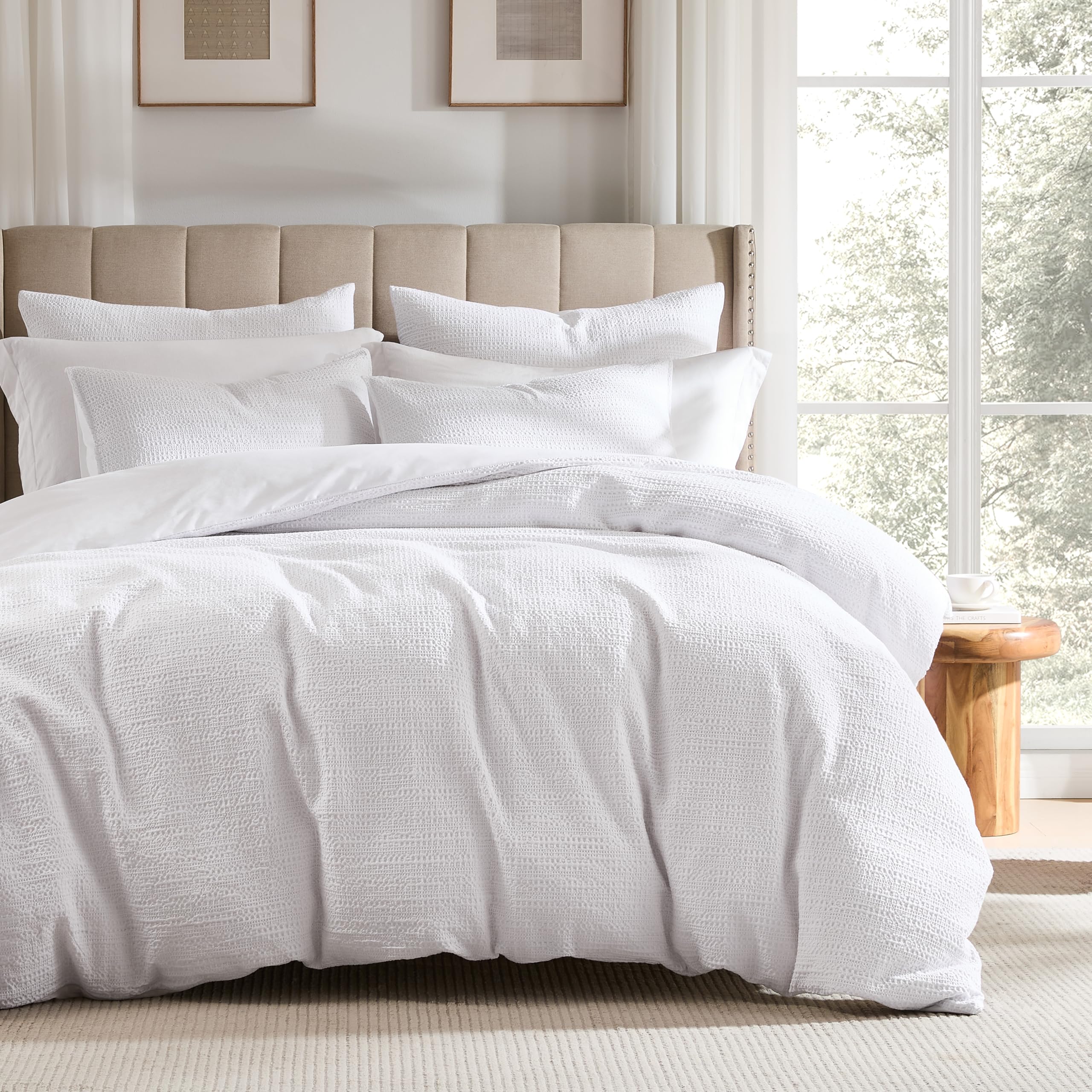 WDCOZY 100% Cotton Luxury Honeycomb Duvet Cover Set Queen Size with Hidden Zipper, White Waffle Weave Bedding, Textured Soft and Breathable Washed,