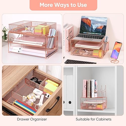 Miniatura 5 de VANZAVANZU Organizador de archivos de escritorio, organizador de escritorio de oficina de 3 niveles con 5 clasificadores de archivos, cajón