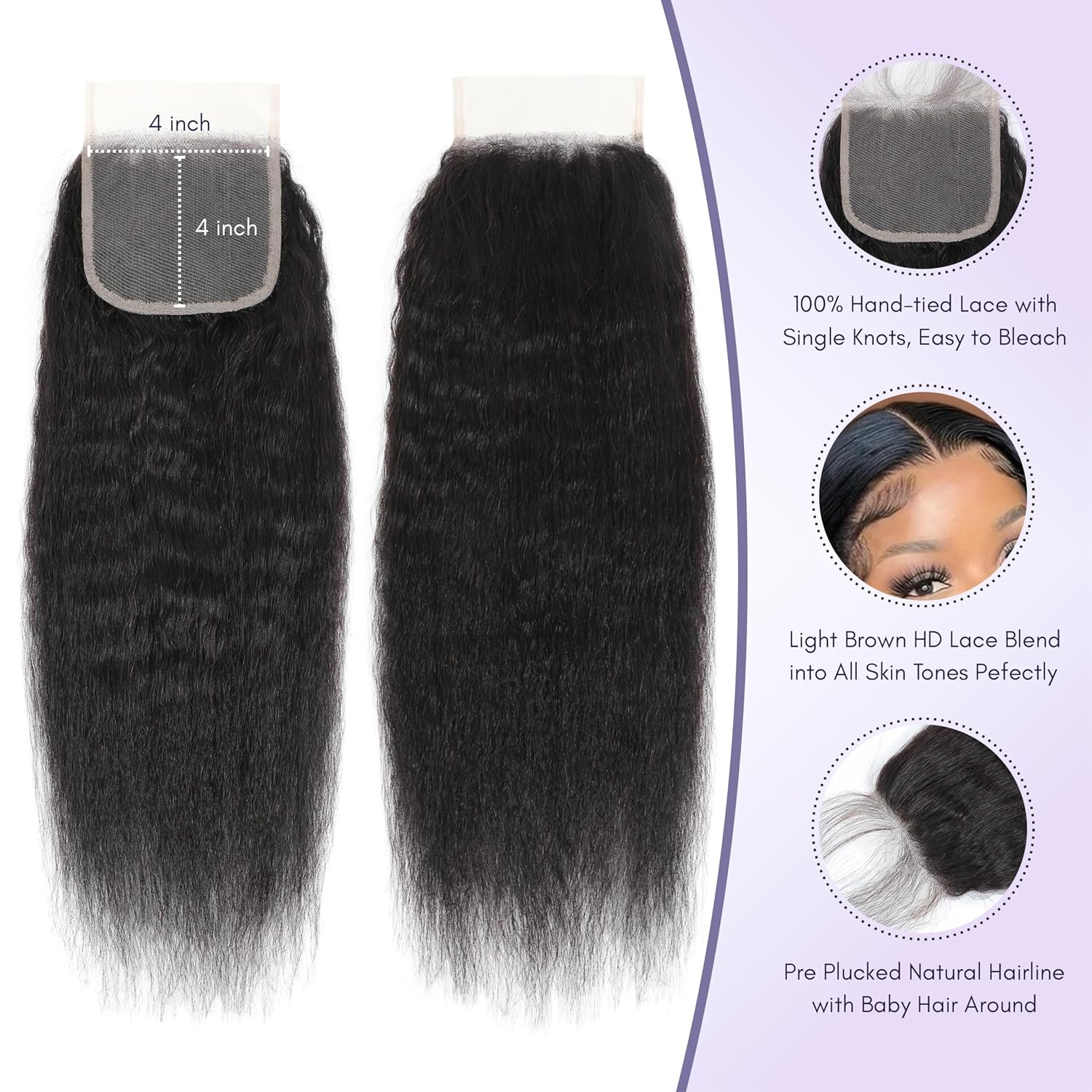Yaki Straight Bundles with 4X4 Closure Human Hair, 12A 100% Kinky Straight Real Human Hair 3 Bundles with 4x4 HD Lace Closure Free Part Light Yaki Straight Hair Bundles Natural Color 10 12 14+10
