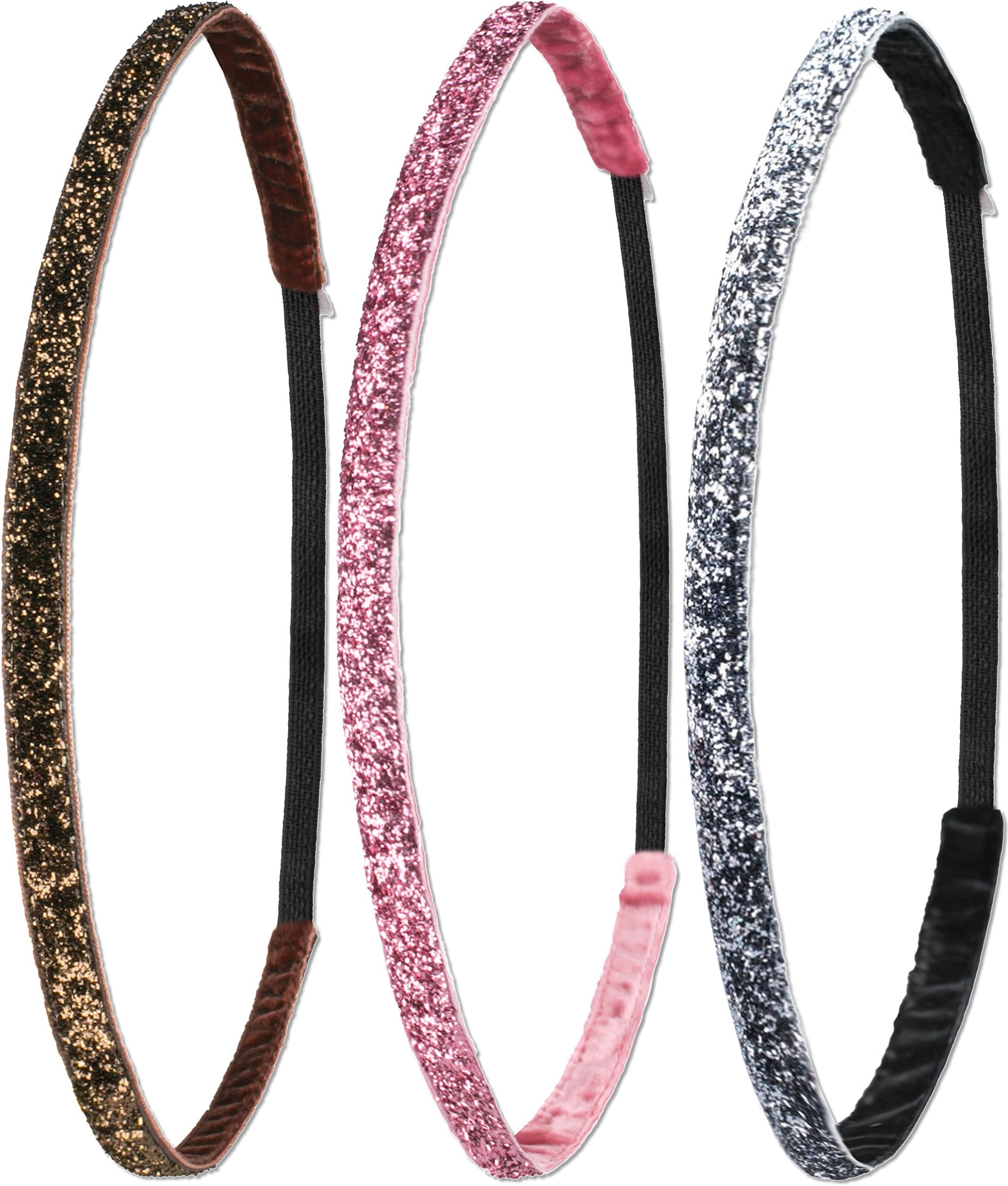 Ivybands® Anti-Slip Hair Band Pack of 3 Glitter Edition Fresco Glitter Dark Metal Glitter Brown Glitter Superthin One Size IVY506 IVY260 IVY133