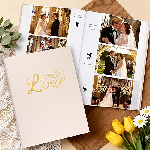 Miniatura 8 de Álbum de fotos de boda de 450 bolsillos de 4 x 6 pulgadas con espacio para escribir, libro de fotos horizontal de lino de tapa dura para bodas,