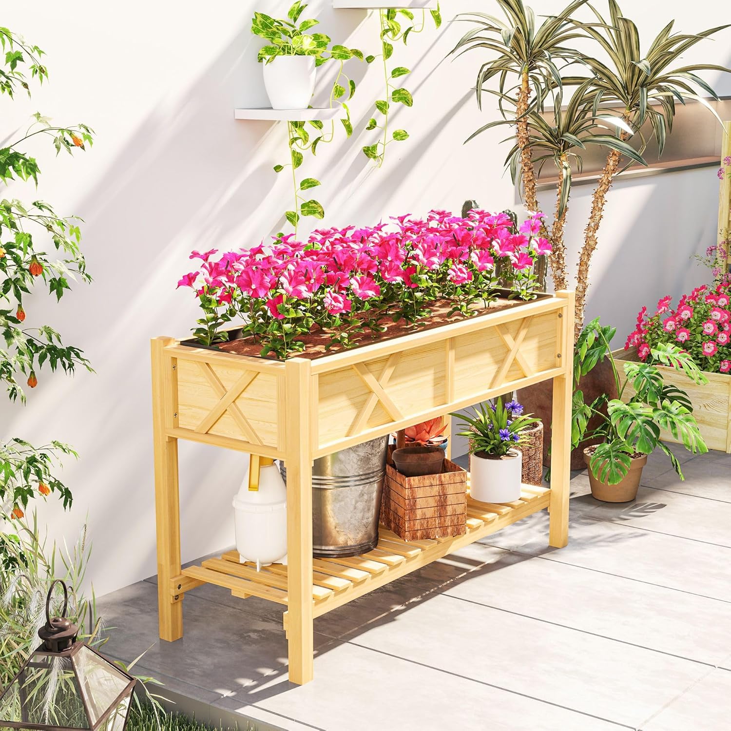 Elevated Dual-Tier Garden Planter 47x22x31.5in Painted Solid Fir Wood Raised Bed with Drainage Holes Liner & Shelf Storage