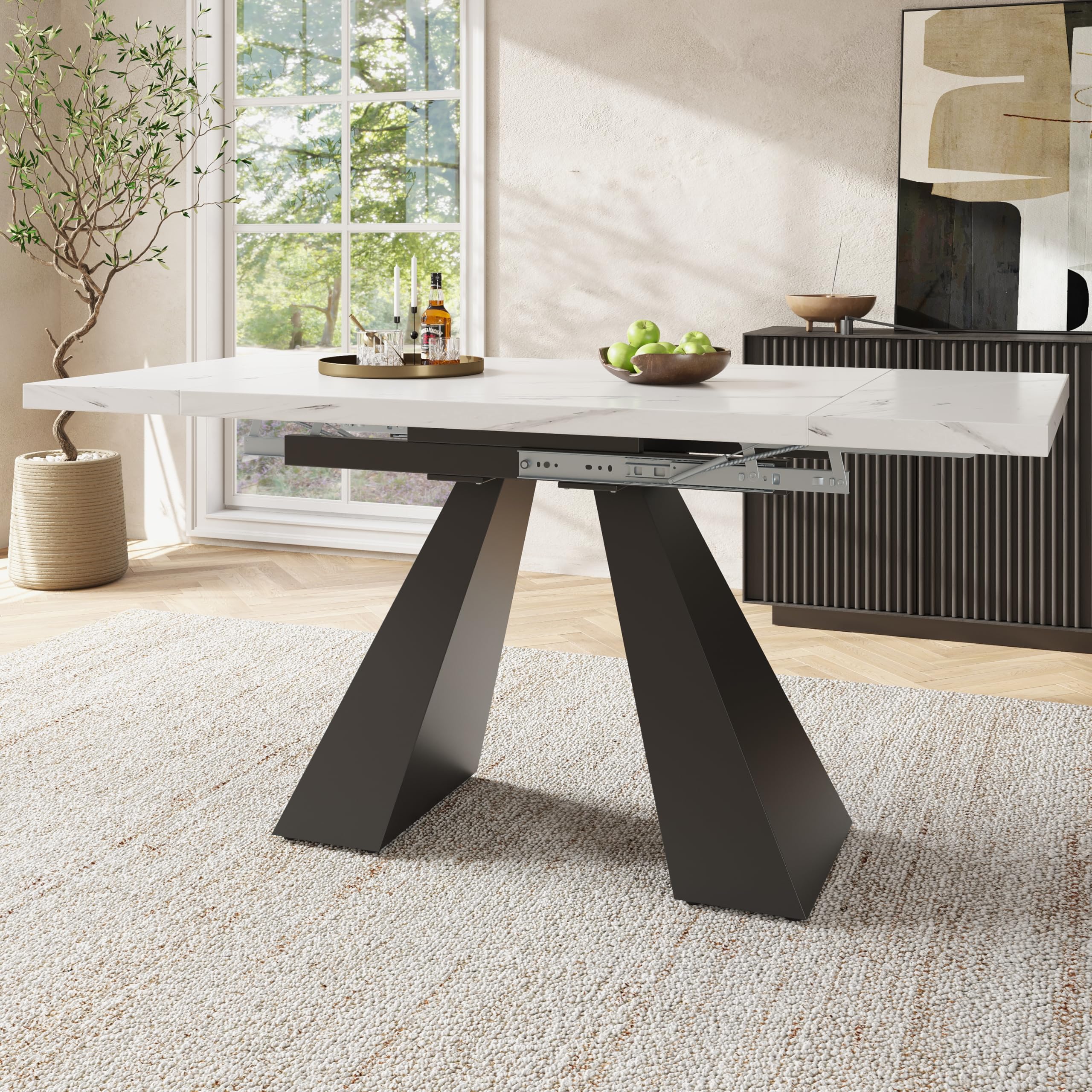 Mesa de comedor telescópica 99-159 × 74 cm – Mesa de cocina extensible con amplia superficie de trabajo, flexible para oficina en casa y salón, mesa blanca con patas de columna