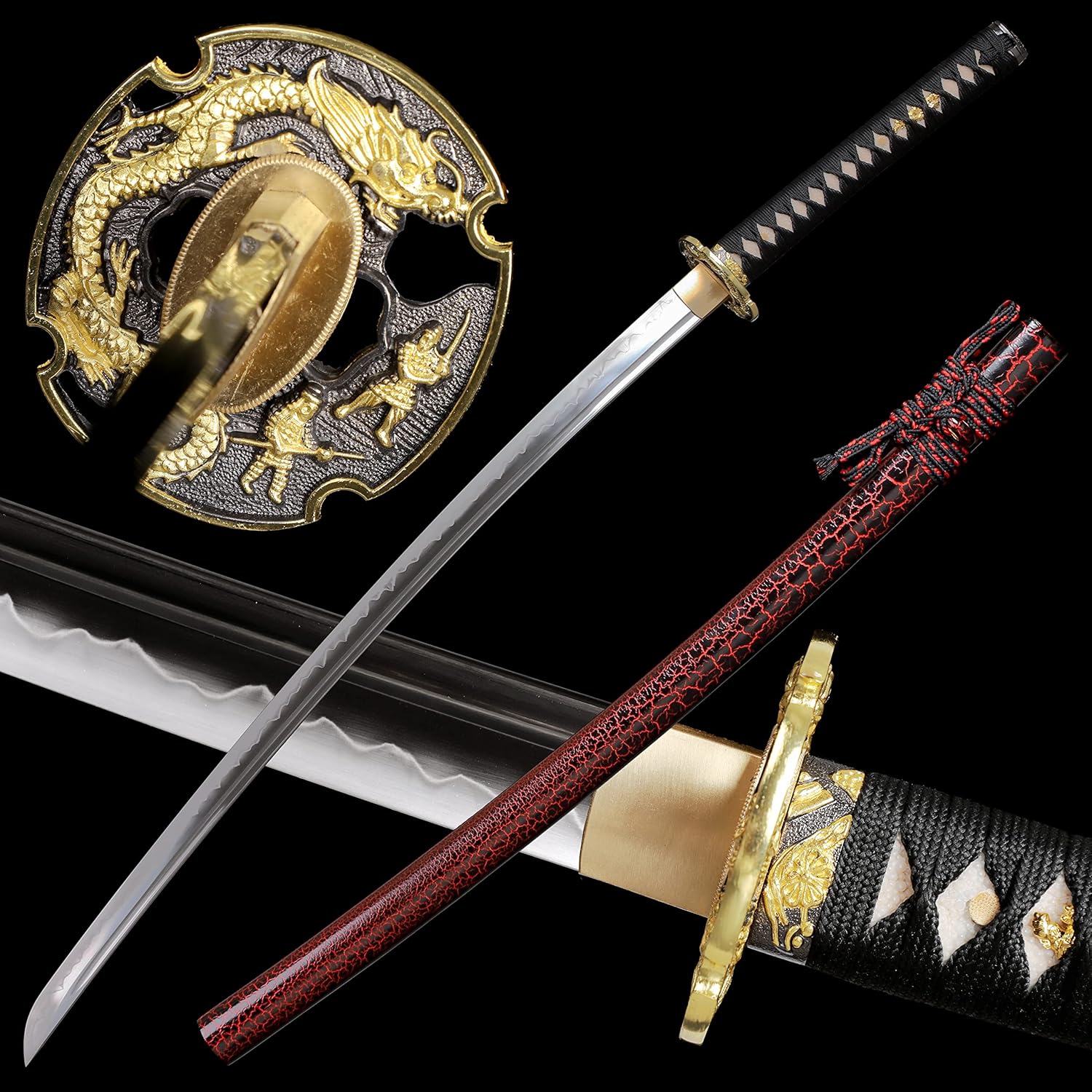 Swordsmith Katana Sword Handmade Clay Tempered Damascus Folded Steel/Clay Tempered T10 Steel Blue Blade Japanese Samurai Sword Sharp Full Tang (Dragon-Clay Tempered T10 Steel)