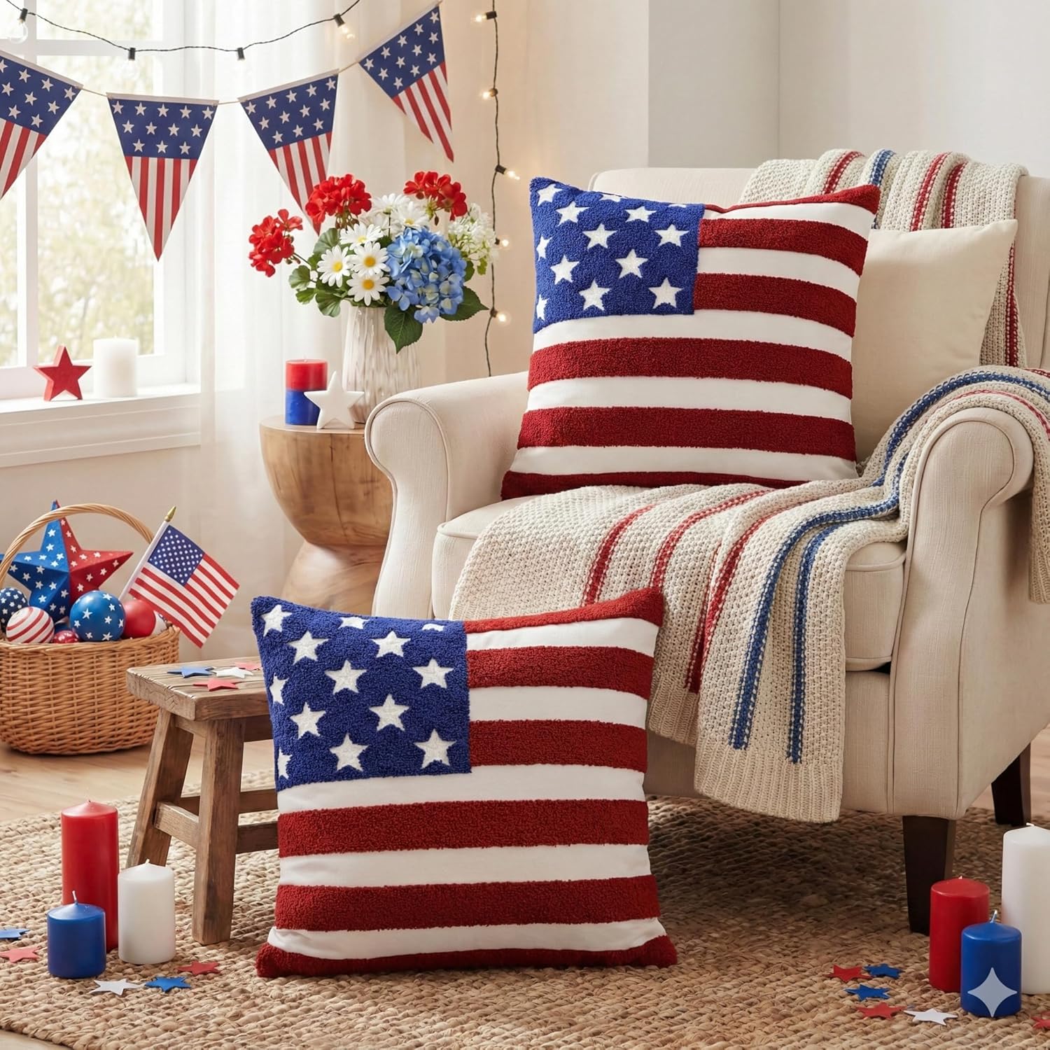 AVOIN colorlife 4th of July Patriotic Striped Star Flag Embroidered Throw Pillow Covers, 18 x 18 Inch Independence Day Decor Tufted Patterned Linen Cushion Case for Sofa Couch Set of 2