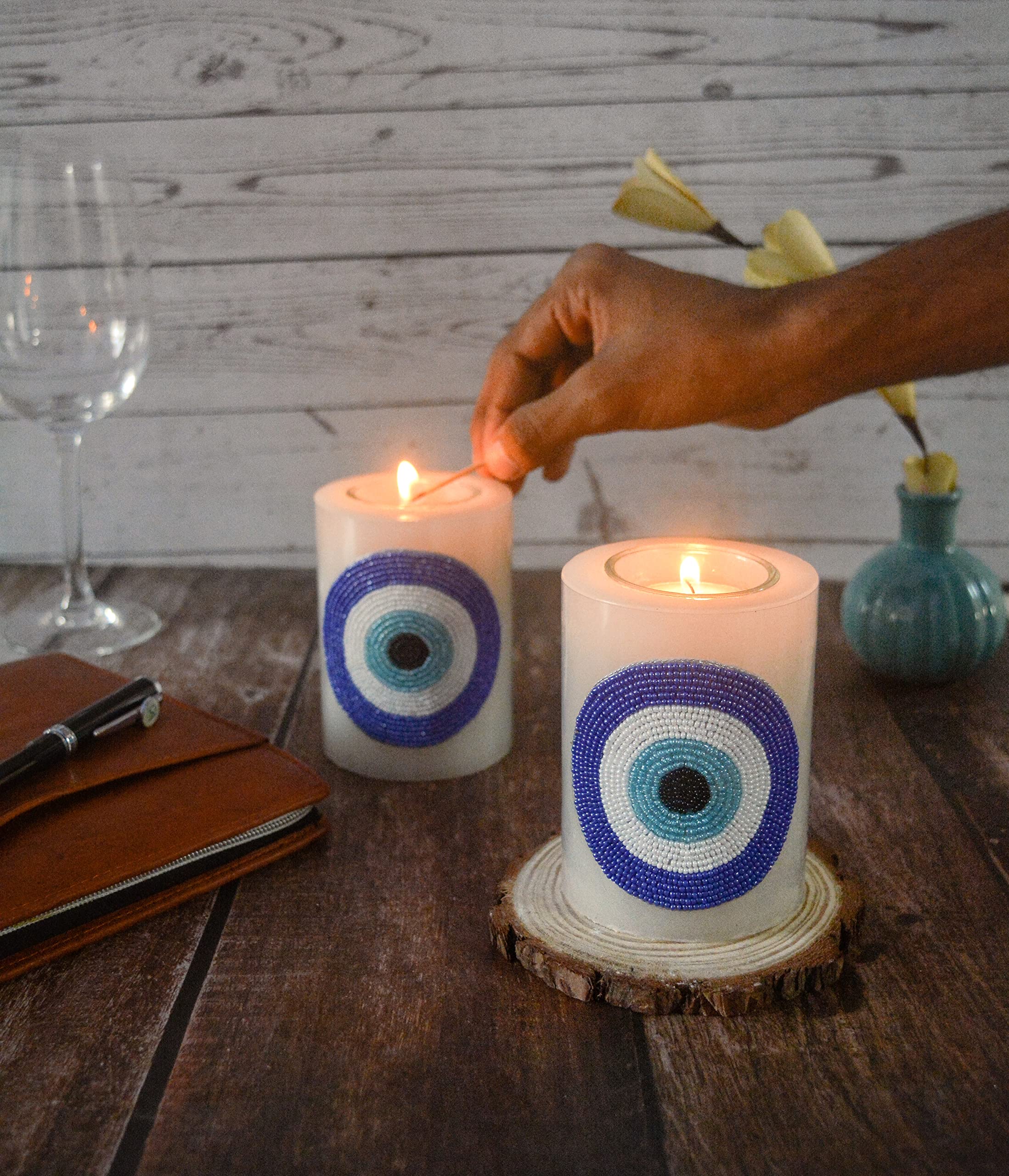 The Bling Stores Pillar Candle Garden of Season Evil Eye Wax Candle with Tea Light & Candle Holder Long Burn Time and Smokeless Candles - White Candles for Home Decoration-image-49