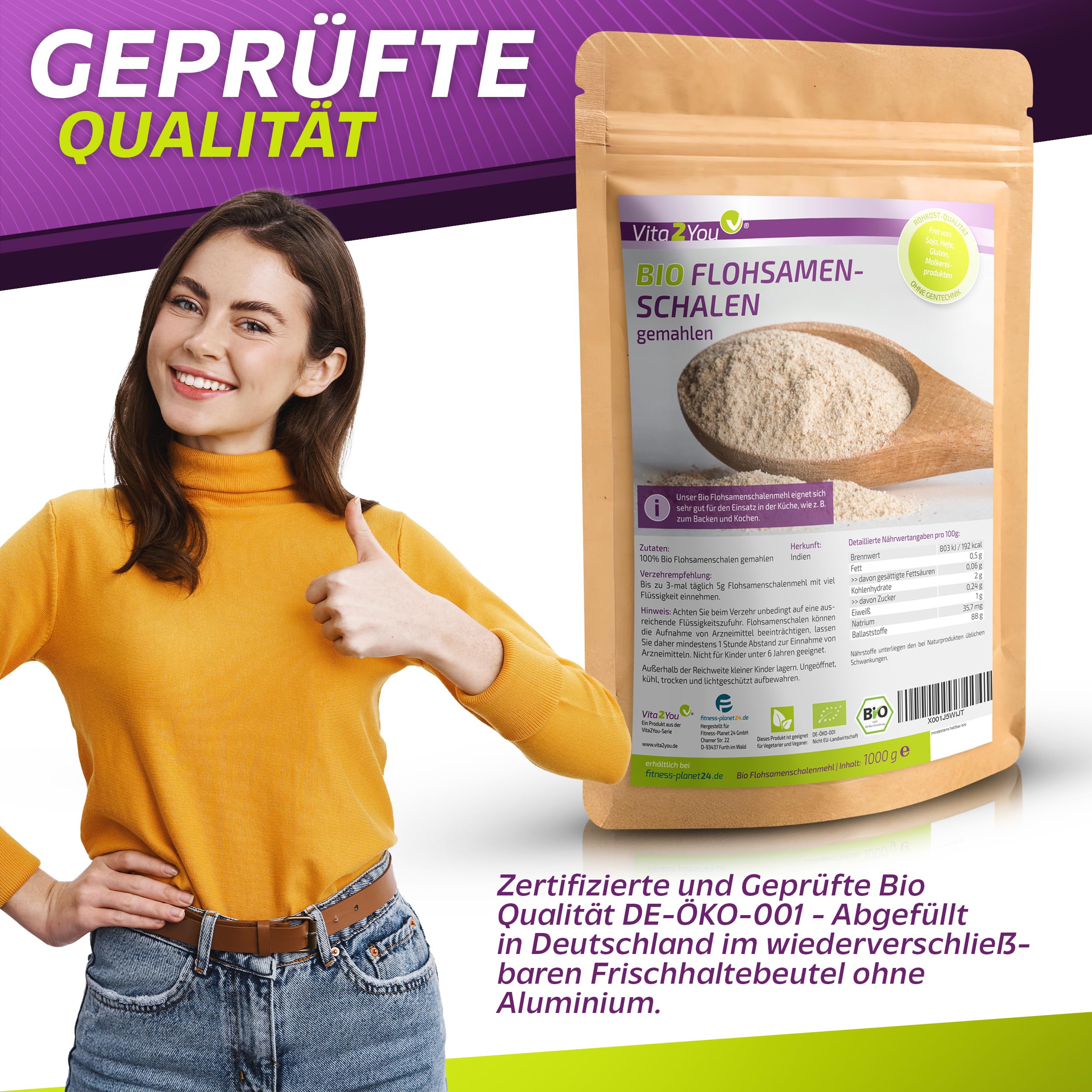 Vita2You Cosses de psyllium bio moulues à 99 % de pureté – 1 kg – farine de psyllium indien – Idéal pour la pâtisserie – 1000 g – Qualité supérieure