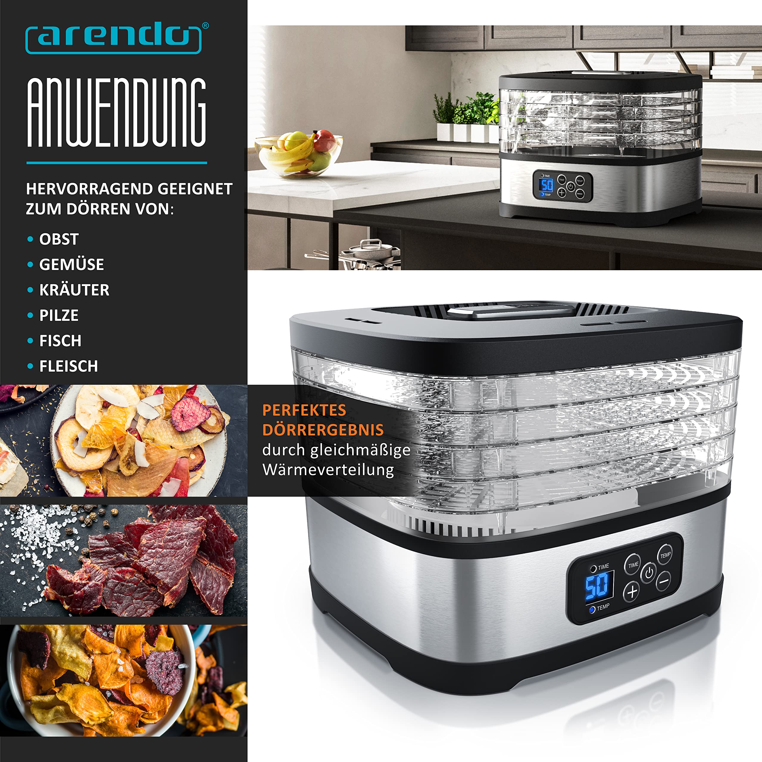 Arendo - Dörrautomat Edelstahl - Temperaturregler - 240 Watt – Dehydrator – 5 Etagen – Timer 1 bis 72 h – 5 Einlegefächer – je Fach zwei Höhen – Food Fleisch Kräuter Obst