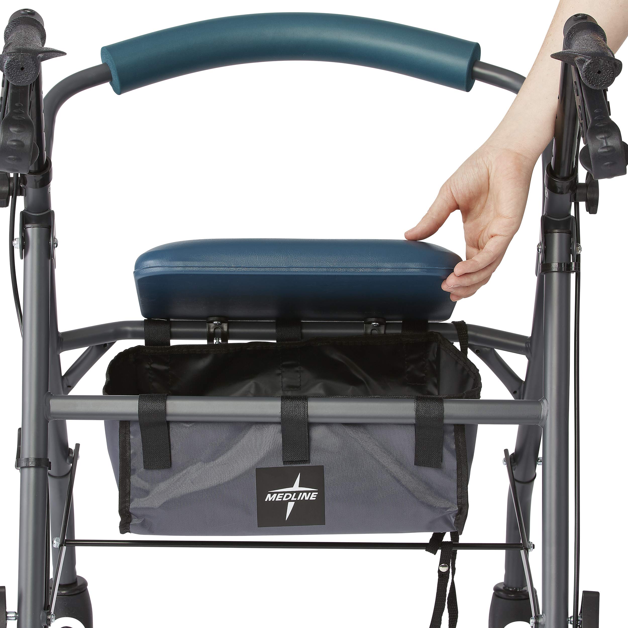 Medline Andador con asiento y ruedas, andador plegable para personas mayores con protección Microban, marco de acero duradero que soporta hasta 350 libras, ruedas de 6 pulgadas, verde azulado