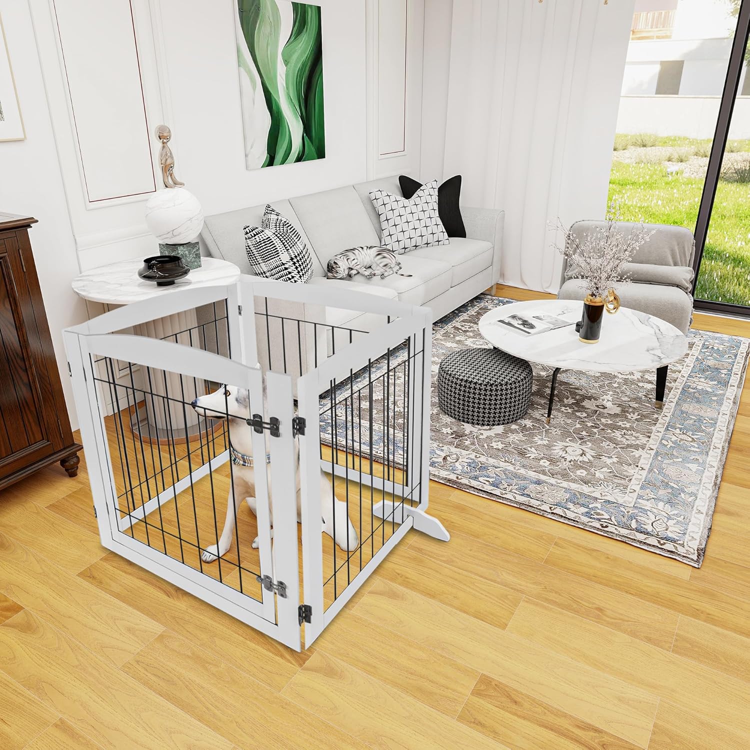 Freestanding Pet Gate with Door, Foldable Wooden Indoor Dog Gate for House, Stairs,Doorways, Pet Puppy Safety Dog Fence, 32” Tall Pet Gate 4 Panels Fence with Feet Support