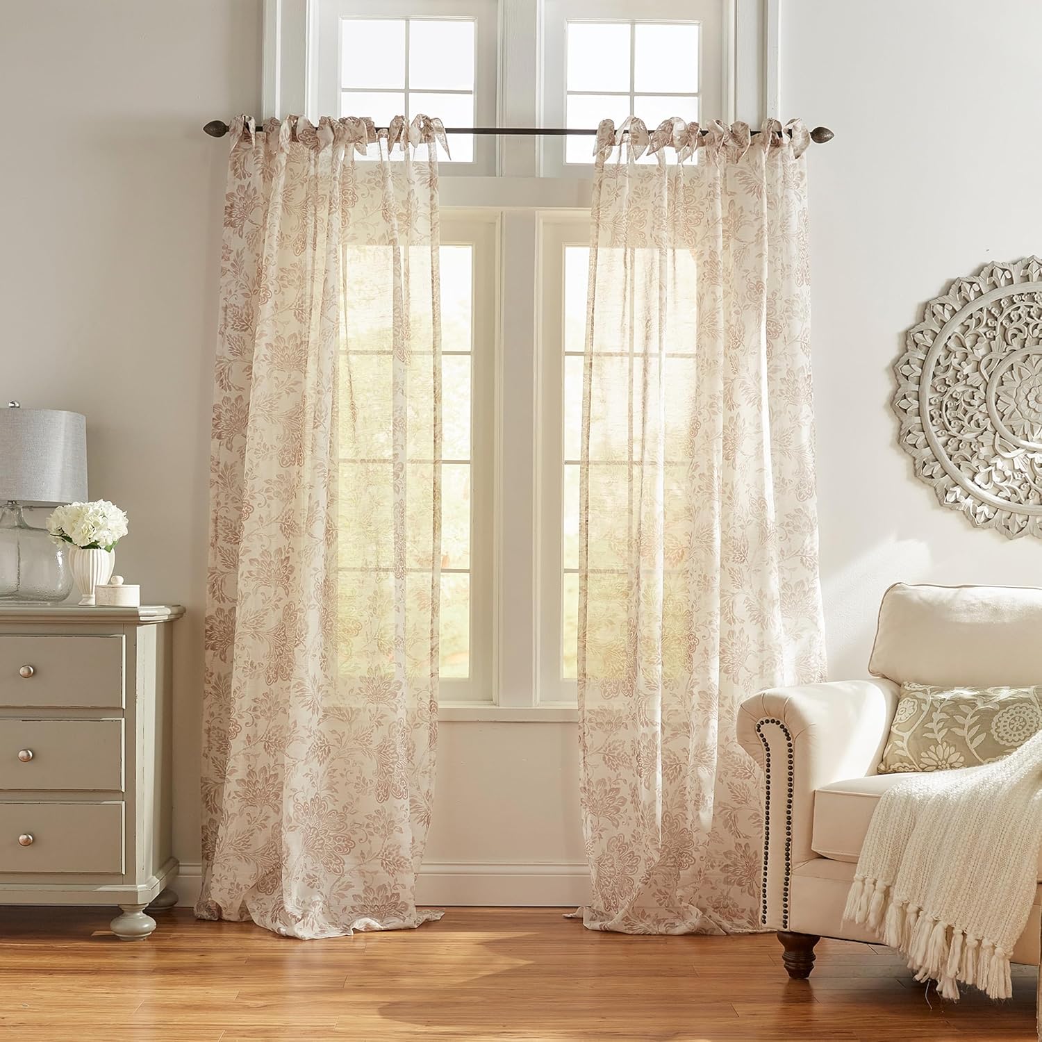 Elrene Home Fashions Westport Floral Tie-Top Sheer Window Curtain, 52" x 84" (1 Panel), Grey