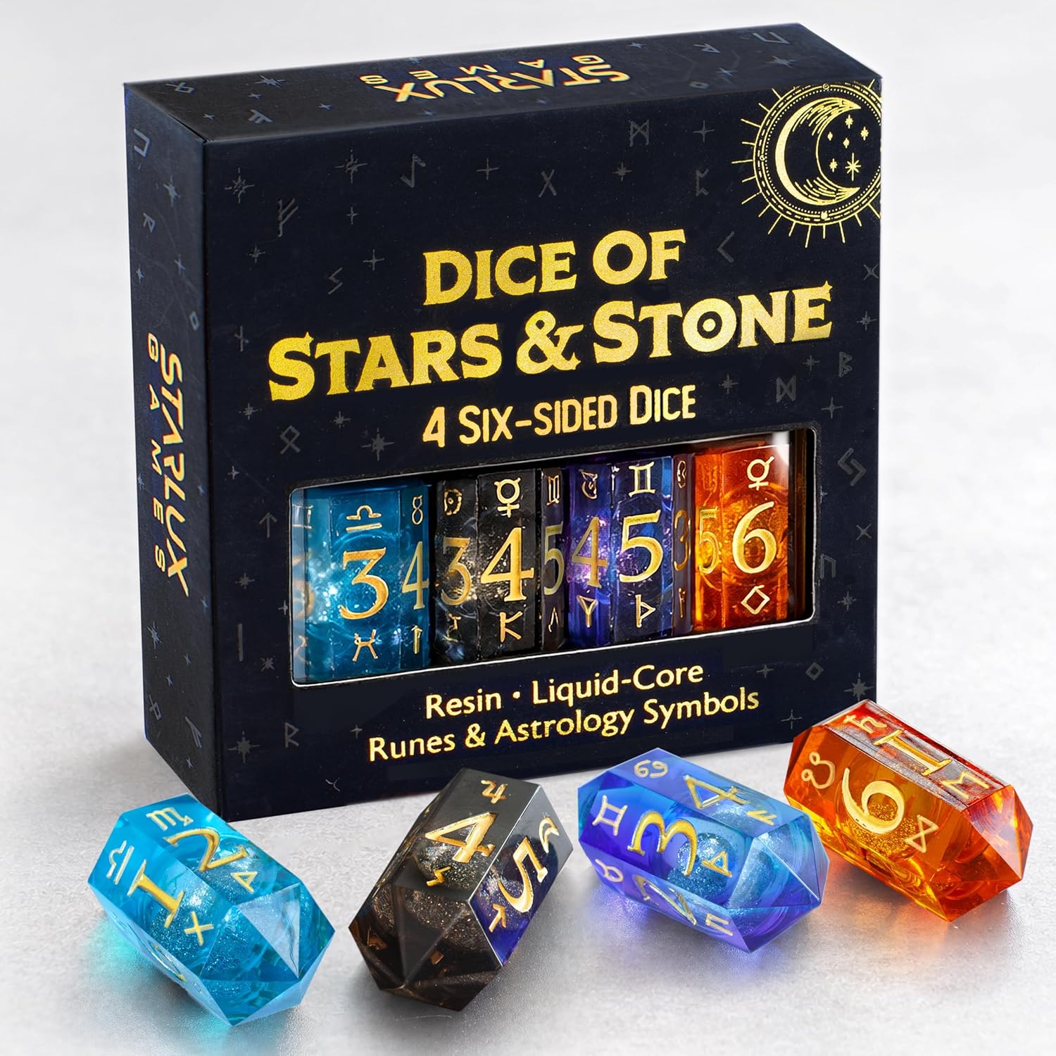 Dice of Stars & Stone – Premium D6 Dice Set | 4-Pack with Dice Bag | Six-Sided, Resin, Liquid-Core | Rune and Astrology Symbols | Witchy Gift | for D&D, Tabletop RPGs, Castings, Board Game Upgrades