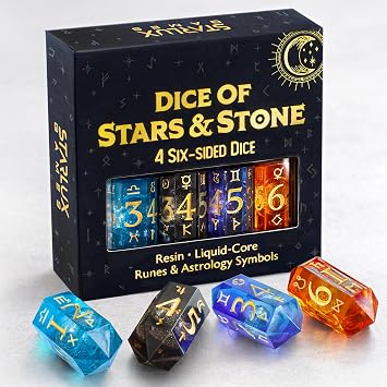 Dice of Stars & Stone Premium D6 Dice Set | 4-Pack with Dice Bag | Six-Sided, Resin, Liquid-Core | Rune and Astrology Symbols | Witchy Gift | for D&D, Tabletop RPGs, Castings, Board Game Upgrades