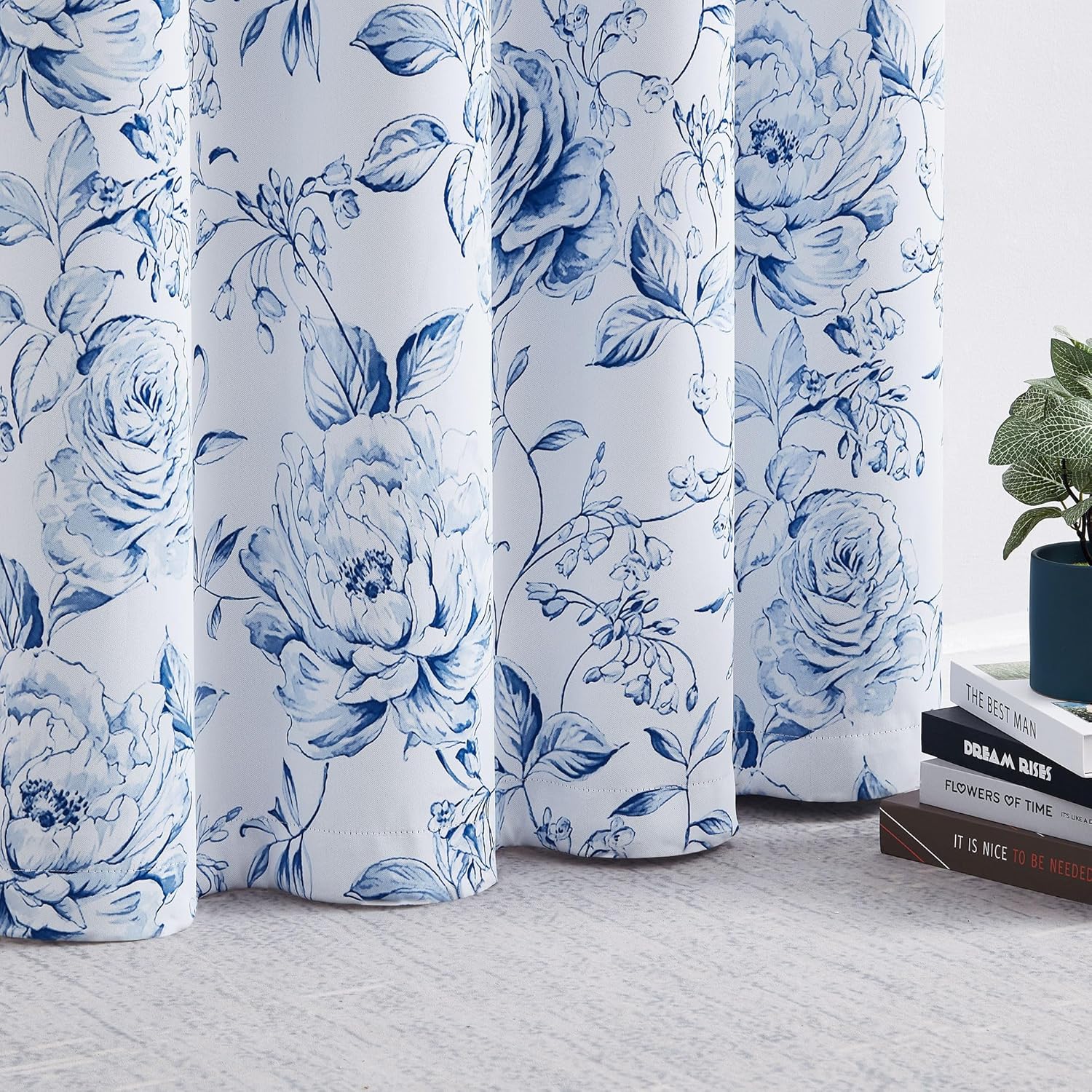 Beauoop Floral 100% Blackout Curtains 84 Inches Long 2 Panels for Bedroom Living Room Navy Blue White Farmhouse Rose Flower Patterned Room Darkening Thermal Grommet Window Treatments Drapes, 50X84 - Image 7