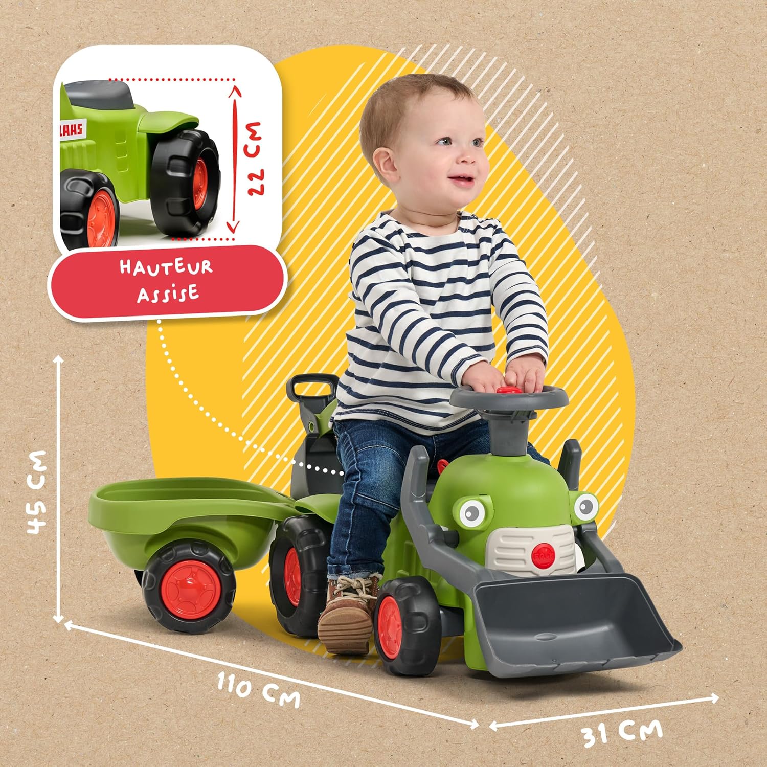 A child on the Falk Claas Backhoe Loader with dimensions overlaid: seat height 22 cm, total height 45 cm, length 110 cm, width 31 cm.