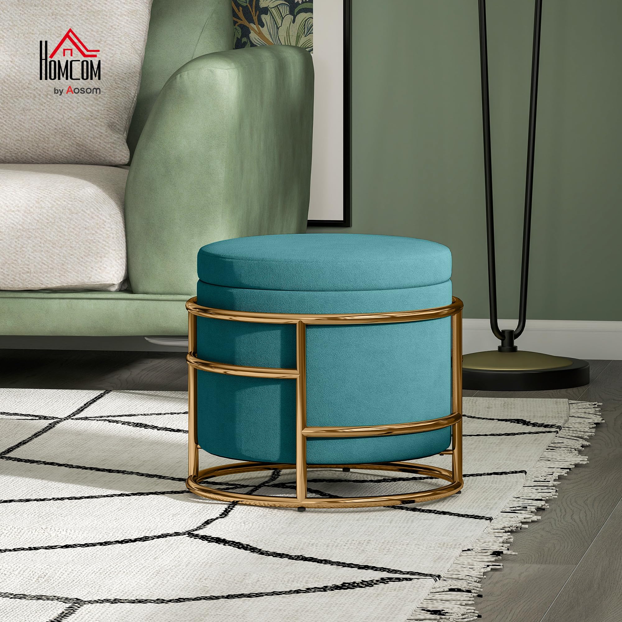 HOMCOM Pouf Contenitore Rotondo in Velluto, Poggiapiedi con Vano da 24L e Coperchio Rimovibile, per Camera da Letto e Salotto, Ø42x39 cm, Verde