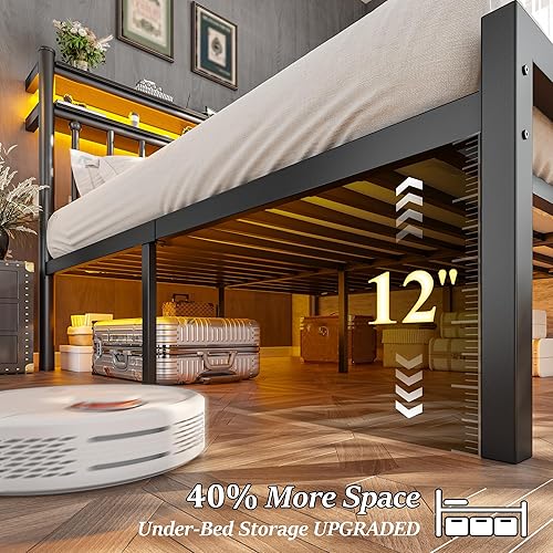 Miniatura 5 de Base de cama de metal Queen con cabecera de almacenamiento de 2 niveles, marco de cama tamaño Queen con luz LED, base de colchón victoriana debajo